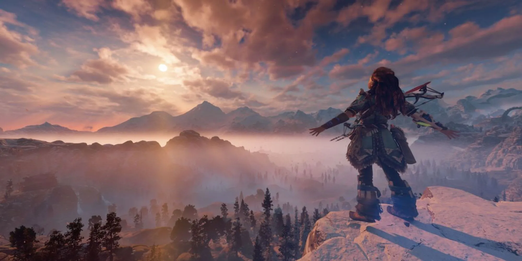 Aloy đứng trên vách đá với tầm nhìn bao quát thế giới Horizon Zero Dawn, biểu tượng cho storytelling và worldbuilding