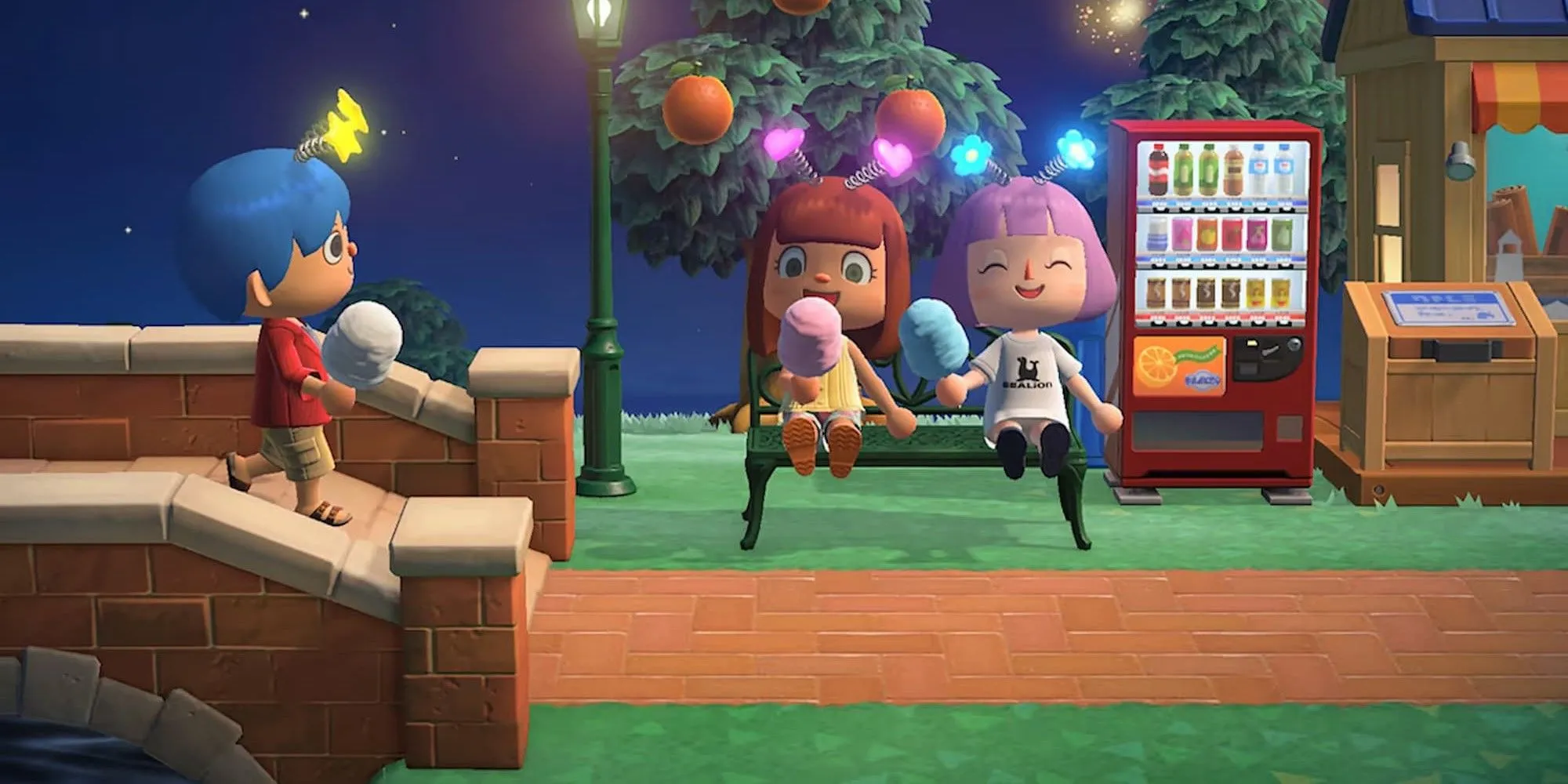 Ăn kẹo bông trong Animal Crossing: New Horizons, hình ảnh cư dân vui vẻ và tương tác xã hội ấm áp