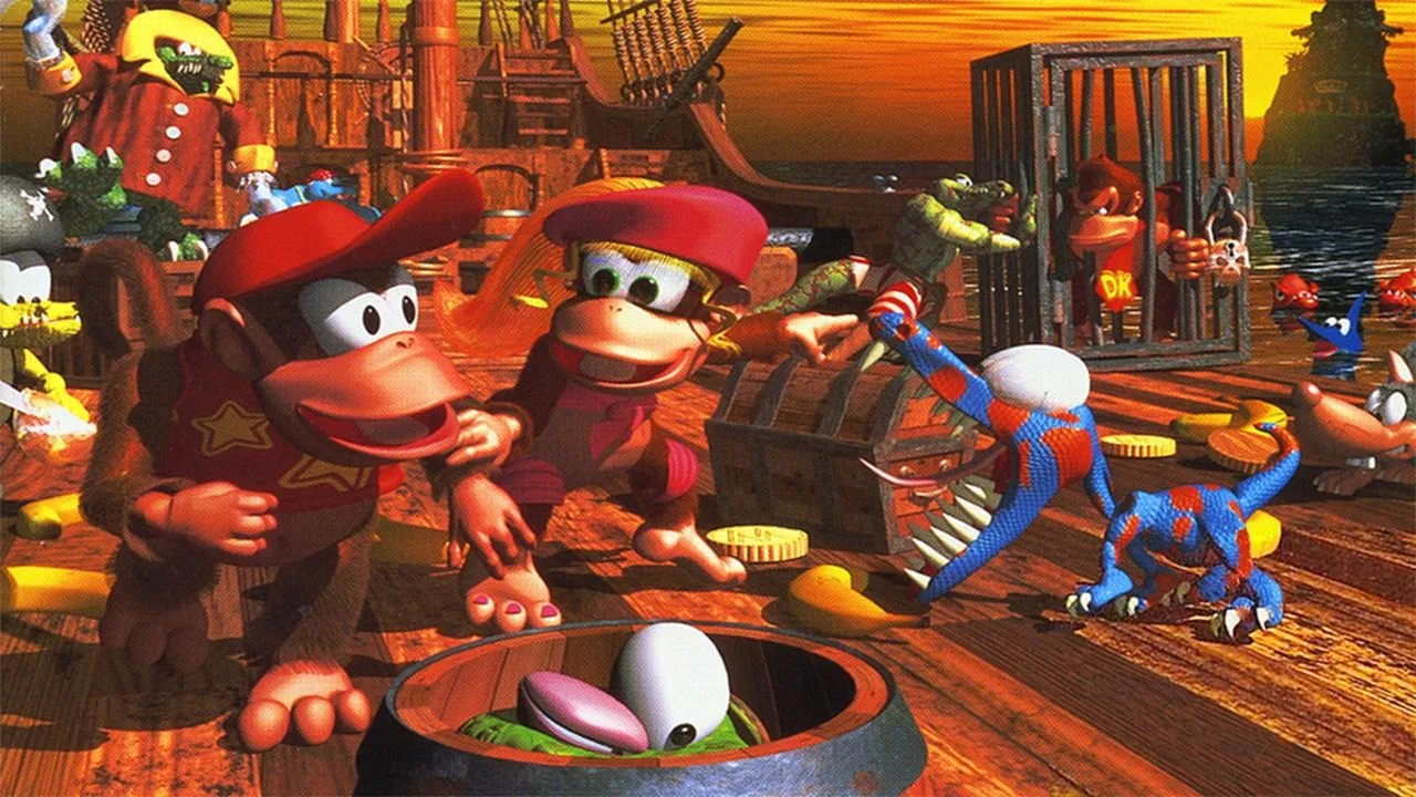 Ảnh bìa Donkey Kong Country 2 trên SNES thể hiện Diddy Kong trong khung cảnh cấp độ nền biển
