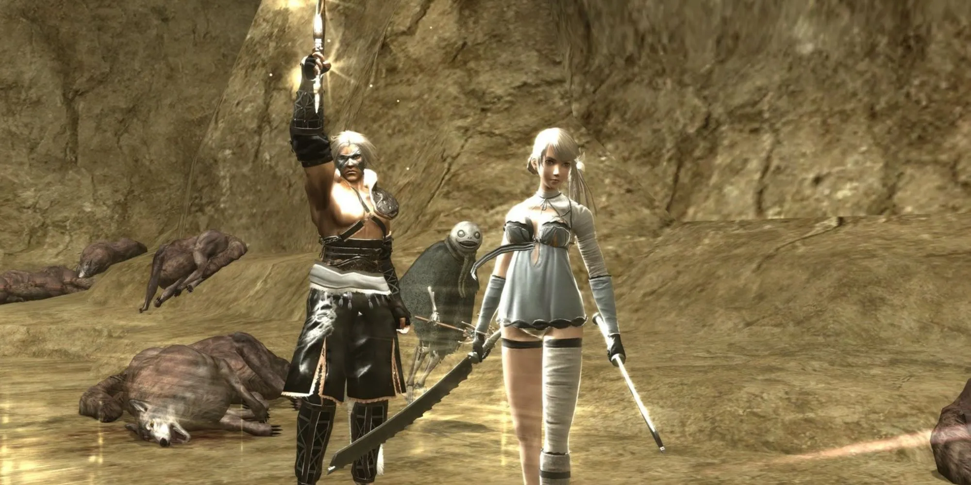 Ảnh bìa Nier gốc, thể hiện phong cách nghệ thuật u tối và nhân vật chính giữa khung cảnh hậu tận thế