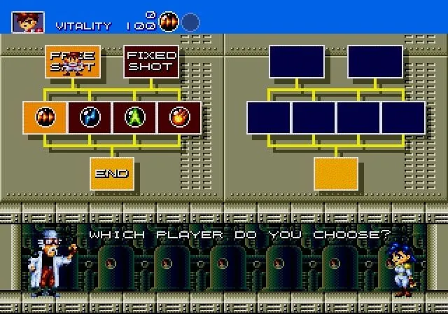 Ảnh chụp màn hình gameplay Gunstar Heroes thể hiện hoạt ảnh sprite và hiệu ứng vụ nổ