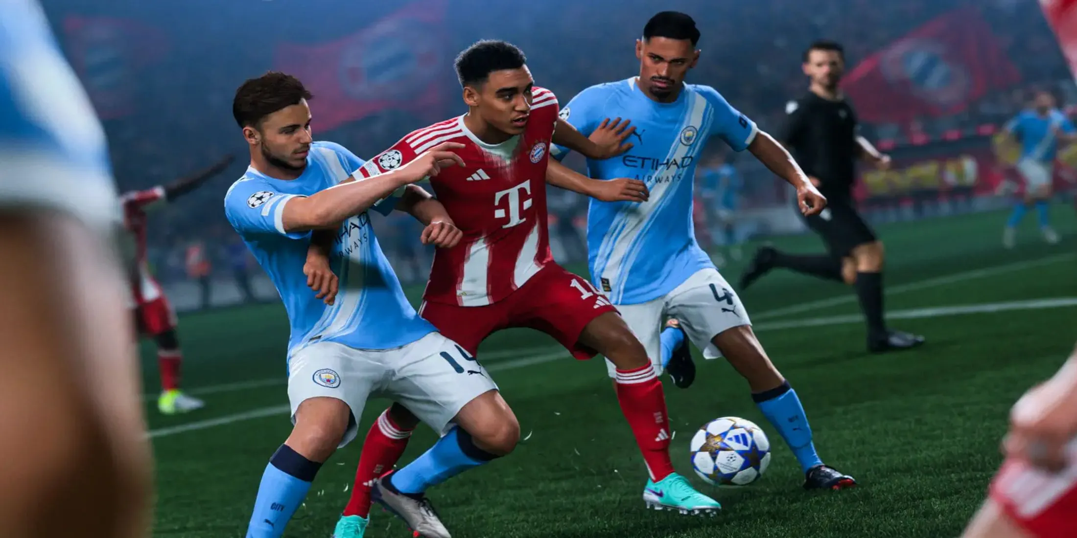 Ảnh chụp trận đấu mẫu trong FC 26, hiển thị giao diện gameplay và cầu thủ trên sân