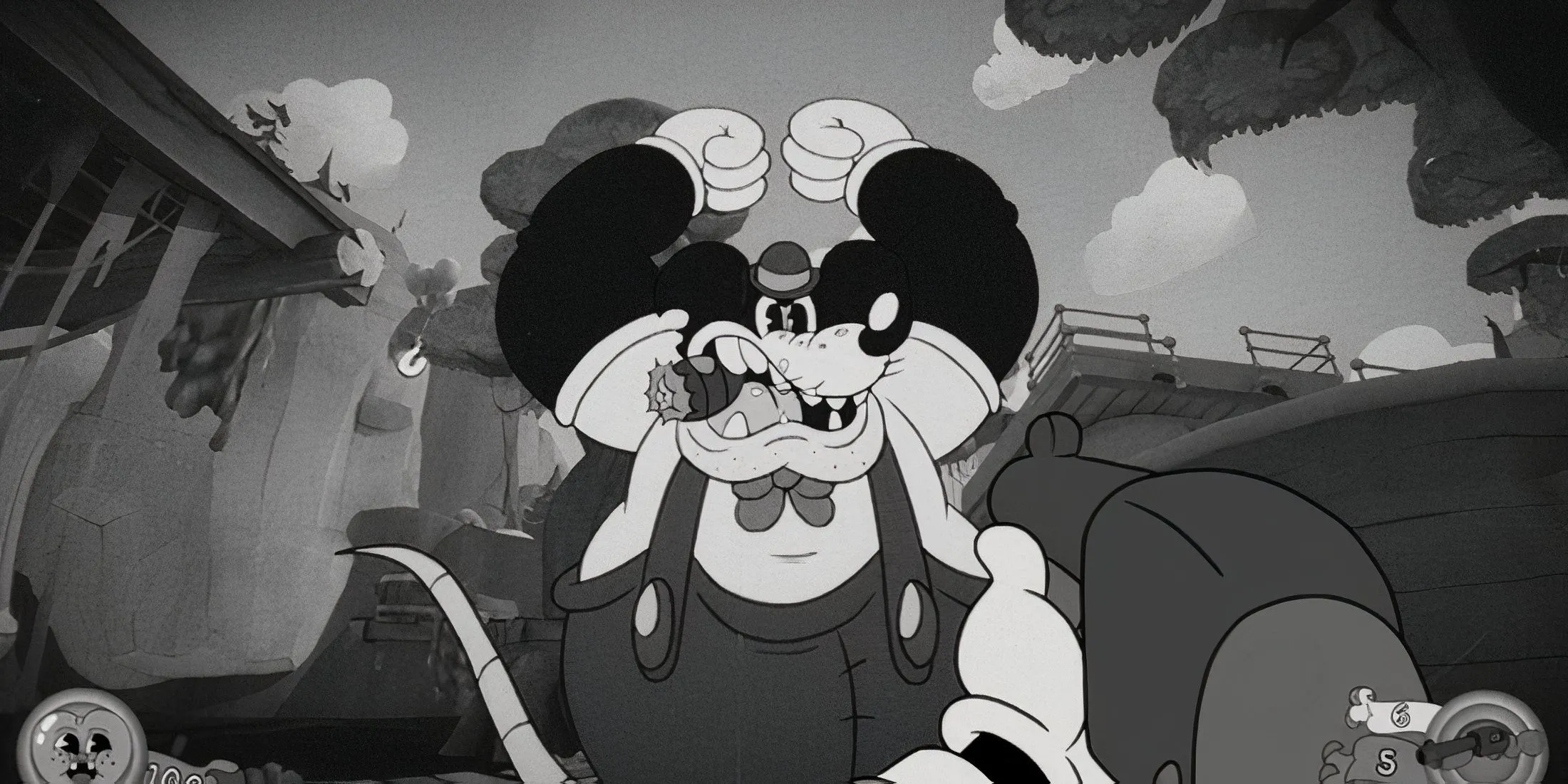 Ảnh concept và cảnh gameplay tổng hợp, thể hiện phong cách rubber hose và các kẻ thù chuột trong game