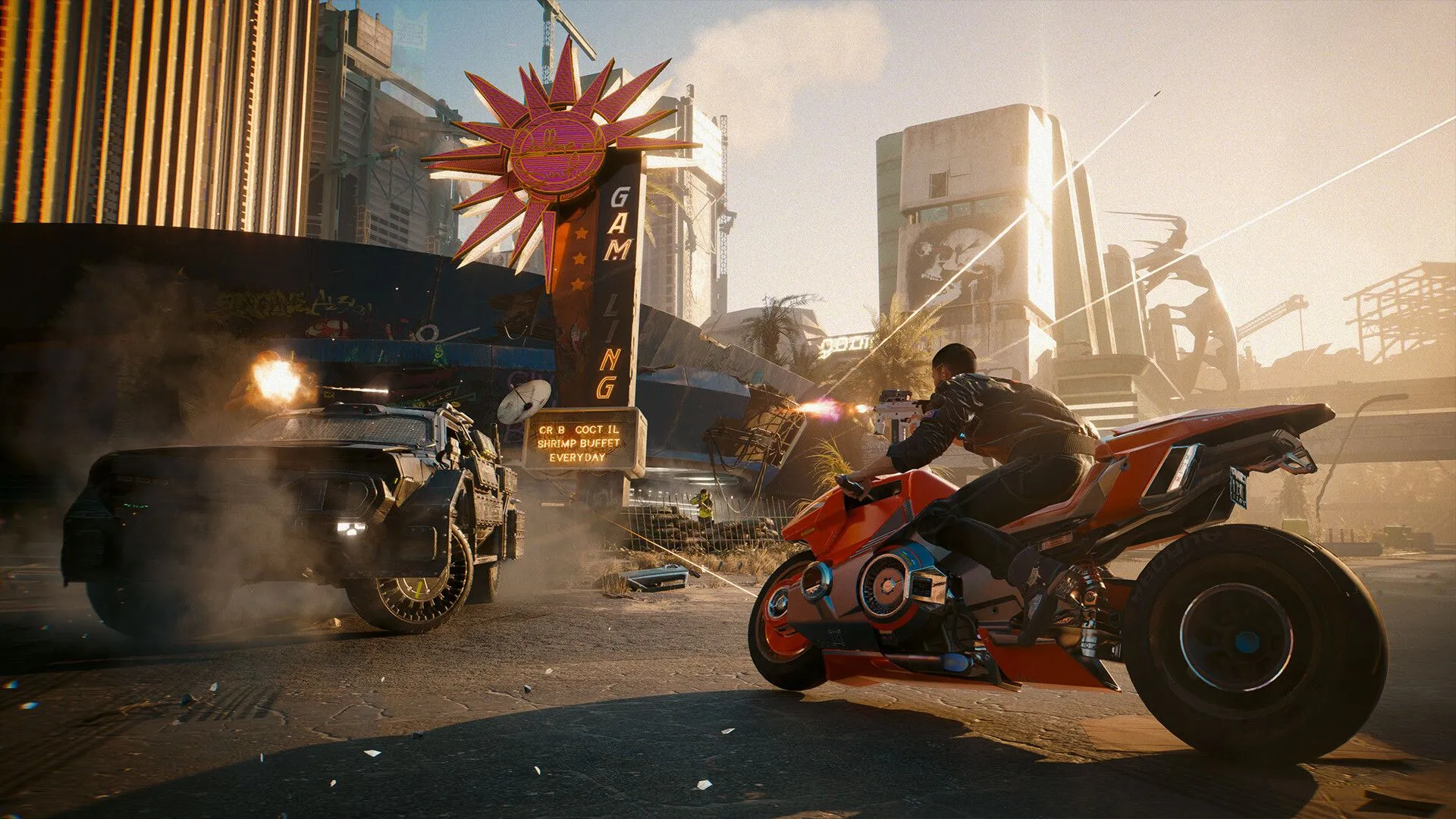 Ảnh Cyberpunk 2077 Phantom Liberty với phong cách đô thị tương lai và chủ đề thế giới mở đô thị