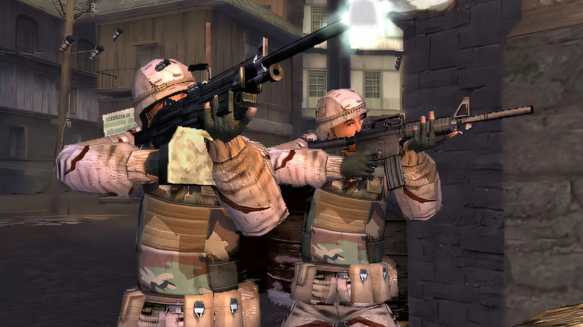 ảnh Full Spectrum Warrior thể hiện chỉ huy đội trên chiến trường đô thị, nhấn mạnh phối hợp giữa các nhóm lính