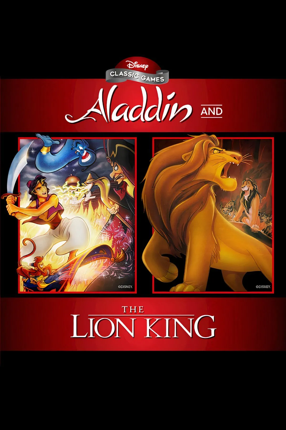 Ảnh ghép gameplay The Lion King trên Sega Genesis và SNES, hiển thị phân đoạn stampede và cảnh boss Scar