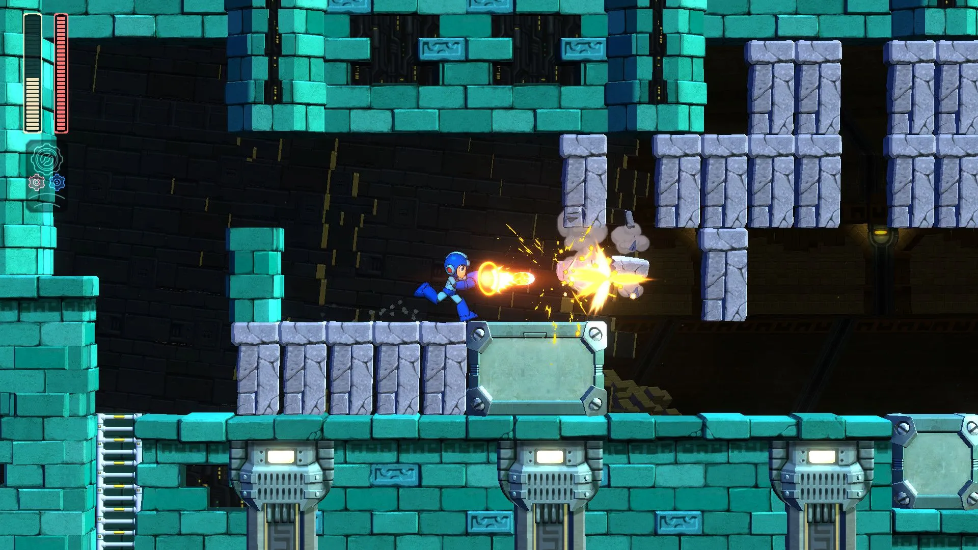 Ảnh Mega Man 11 cho thấy bức tường đạn và cơ chế phá tường trong boss fight