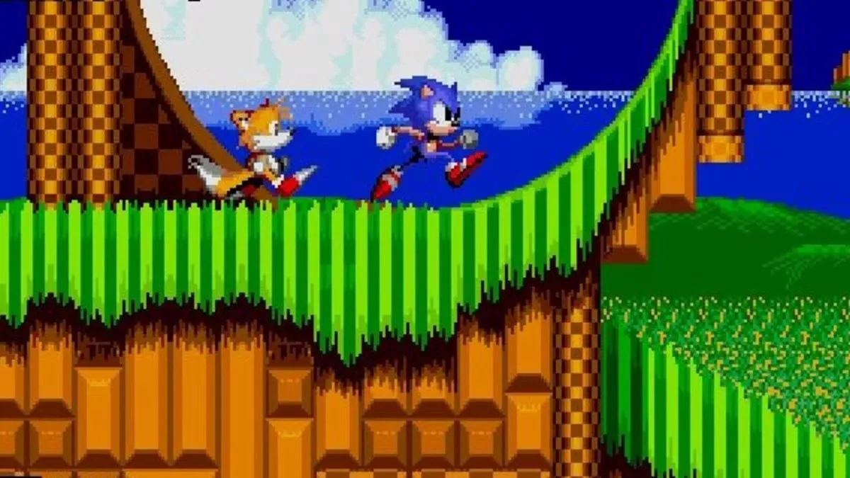 Ảnh Sonic the Hedgehog 2 cho thấy Sonic chạy với tốc độ cao trên nền Genesis, biểu tượng tốc độ của 90s