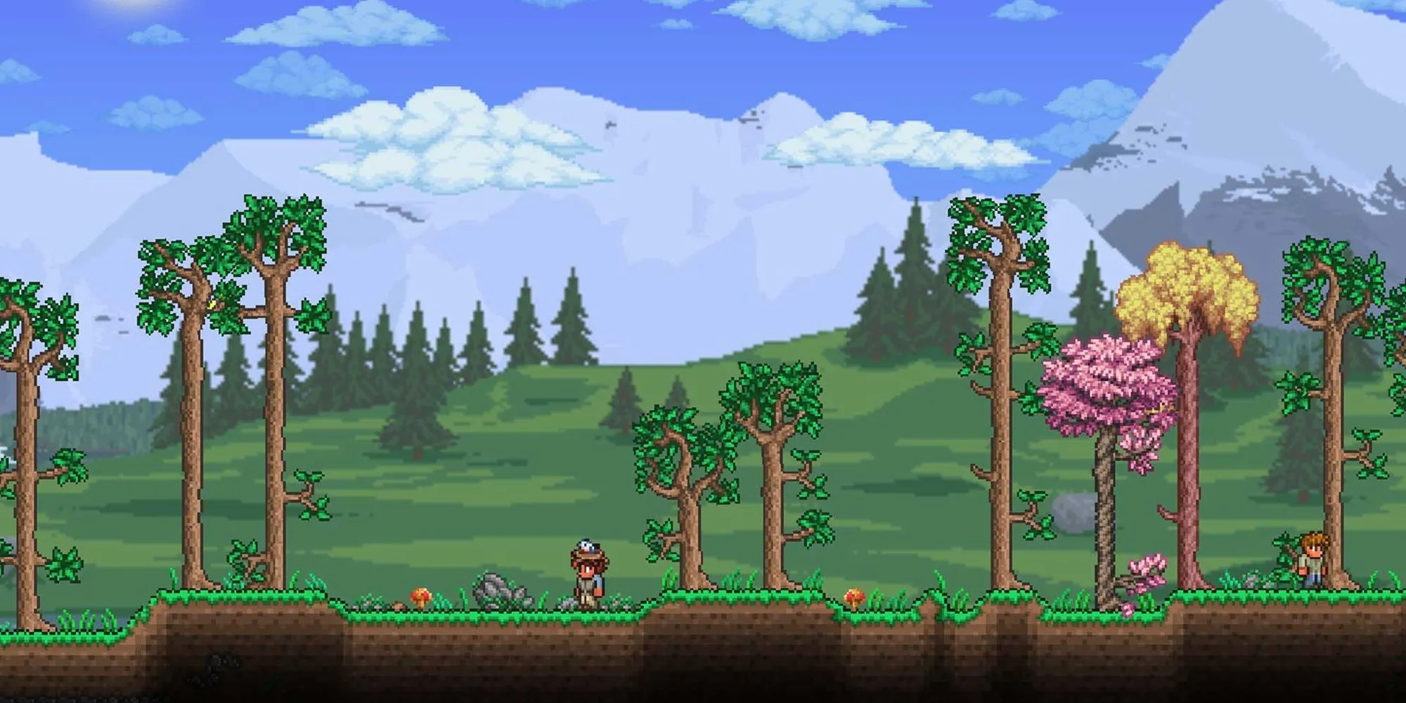 Ảnh Terraria với phong cách pixel, khám phá hầm và chiến đấu boss trong thế giới 2D rộng lớn