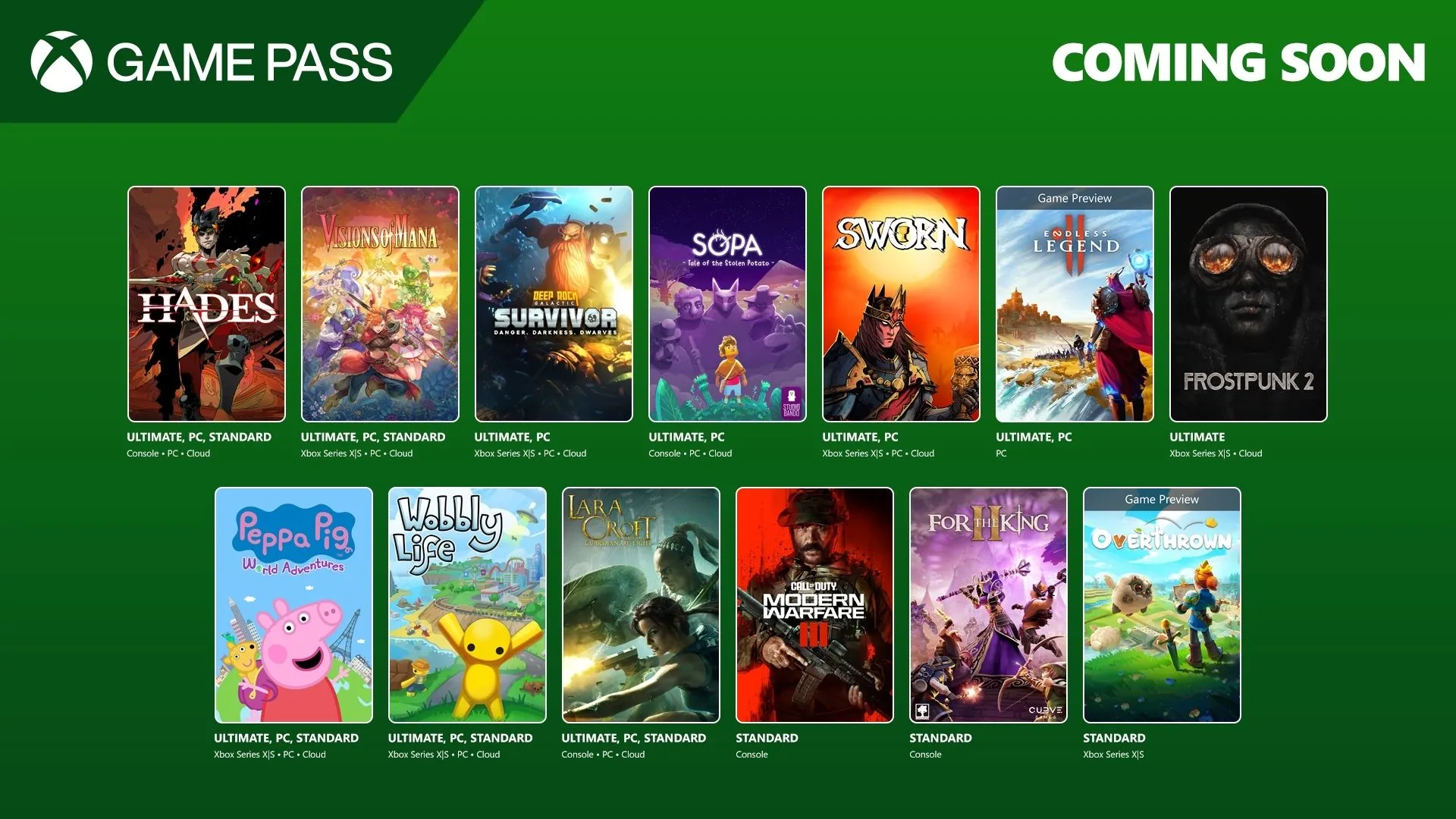 Ảnh thông báo danh sách game mới trên Xbox Game Pass với nhiều tựa game đa nền tảng