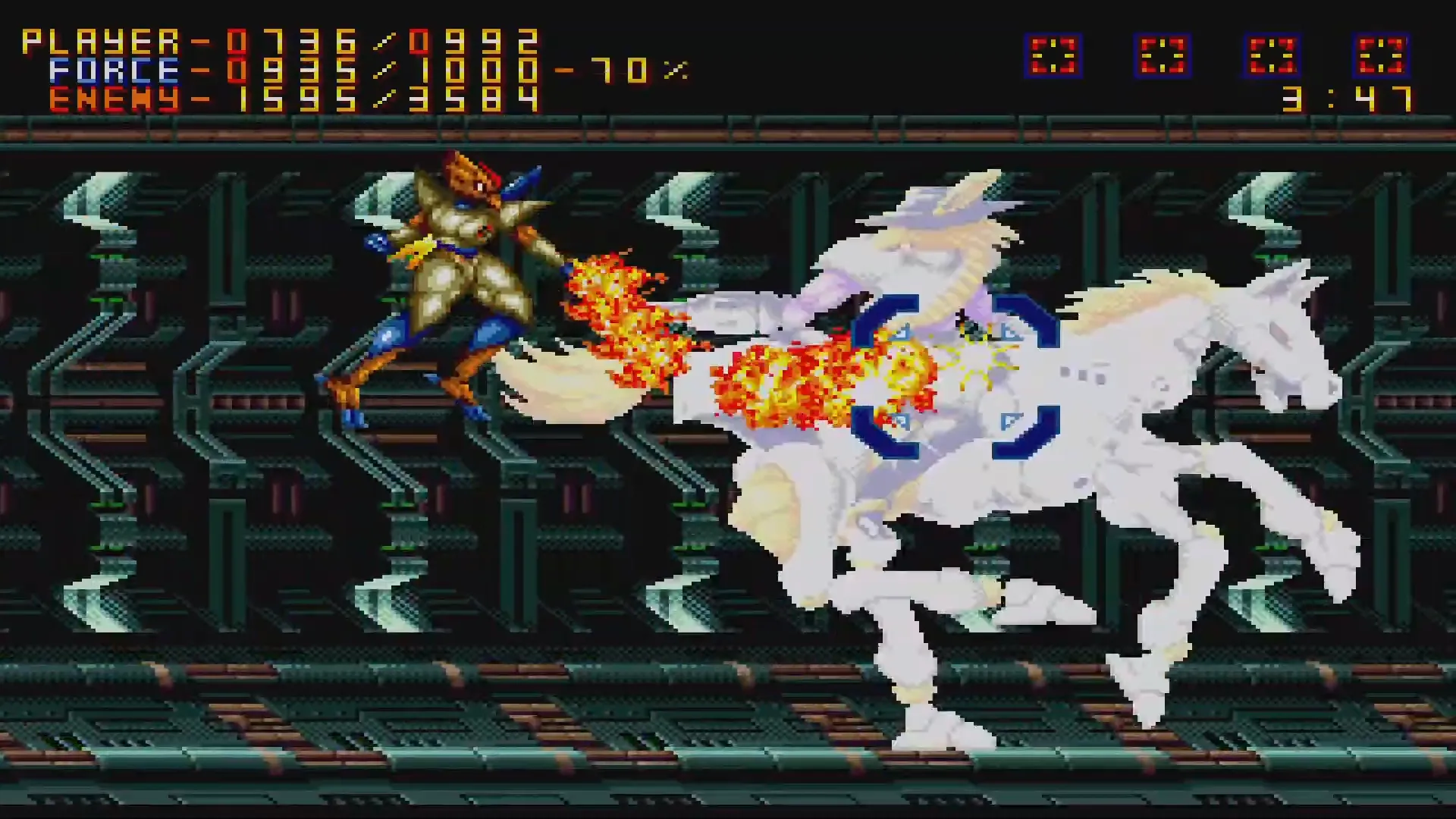 Ảnh trận đánh với Wolfgunblood trong Alien Soldier, thể hiện boss design độc đáo