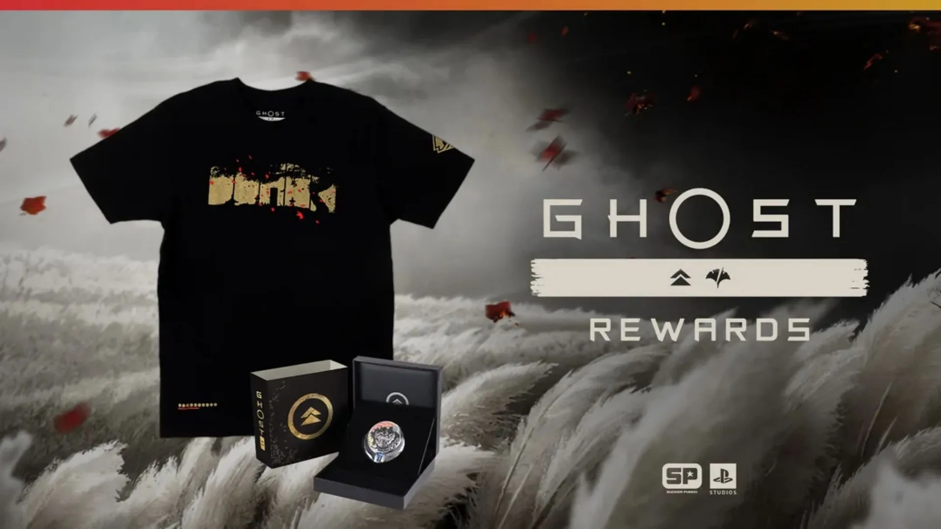 Áo thun và pin trong bộ merchandise Ghost of Tsushima, thiết kế lấy cảm hứng áo giáp Jin và cảnh quan đảo Tsushima