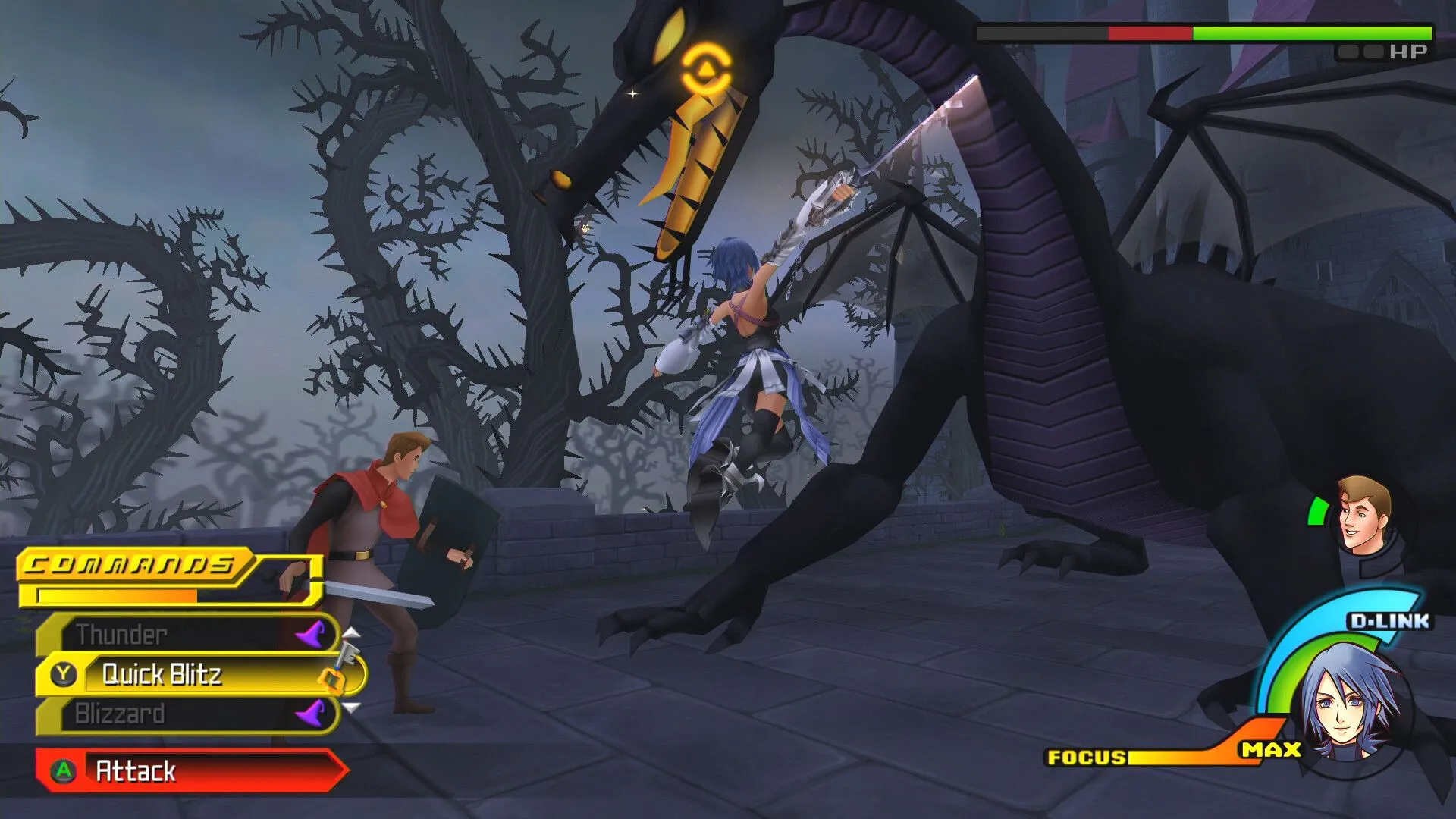 Aqua fights Maleficent in Kingdom Hearts: Birth by Sleep