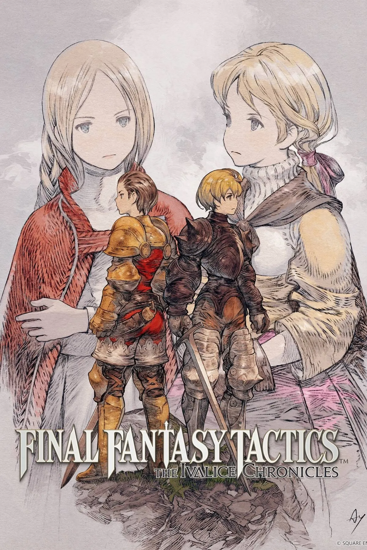 Artwork bìa Final Fantasy Tactics: The Ivalice Chronicles, biểu tượng thế giới Ivalice và dàn nhân vật chính