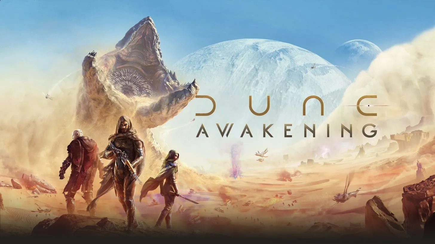 Artwork Dune: Awakening với ba nhân vật trên sa mạc, biểu trưng cho yếu tố MMO/survival và quy mô trận đánh
