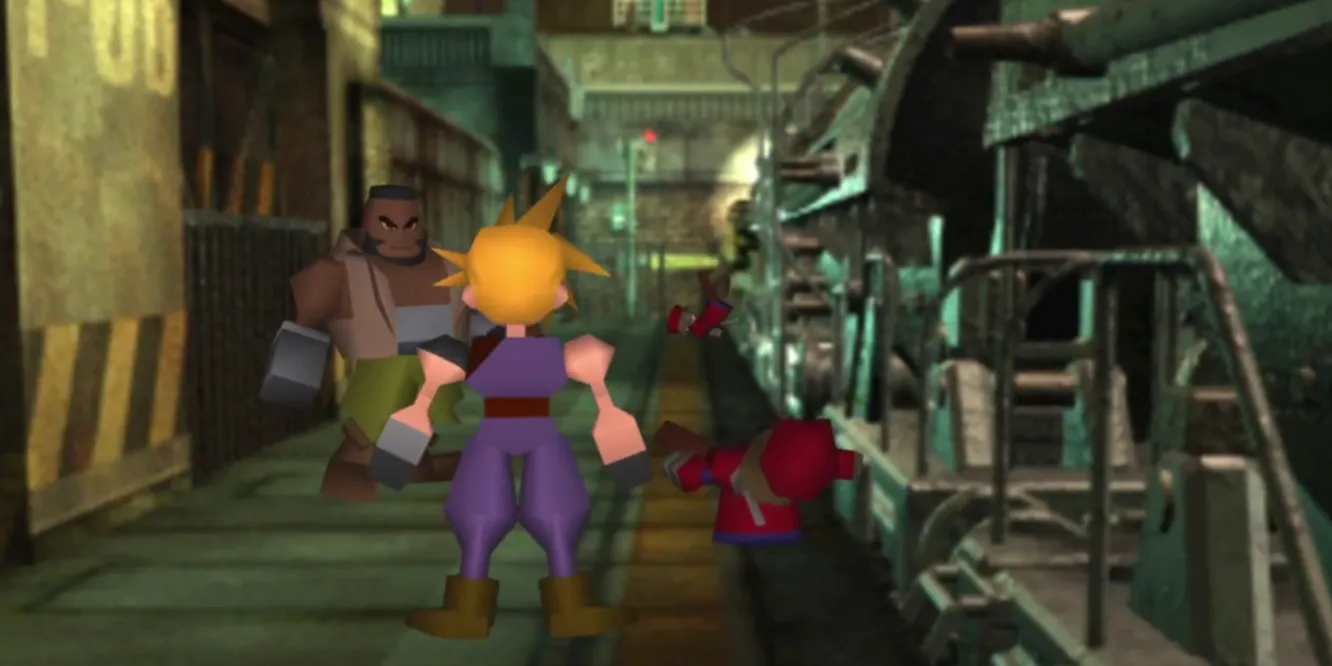Artwork Final Fantasy VII với Cloud và bối cảnh Shinra