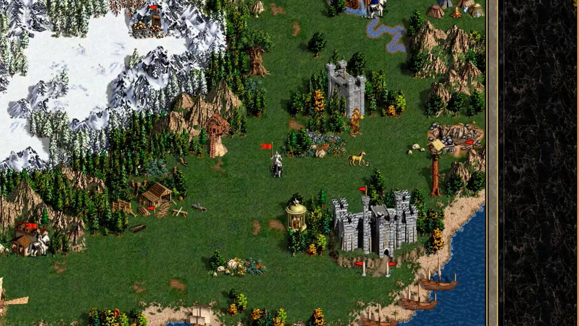 Bản đồ chiến thuật và thành trì trong Heroes of Might and Magic III, nhấn mạnh quản lý nguồn lực và quân đội