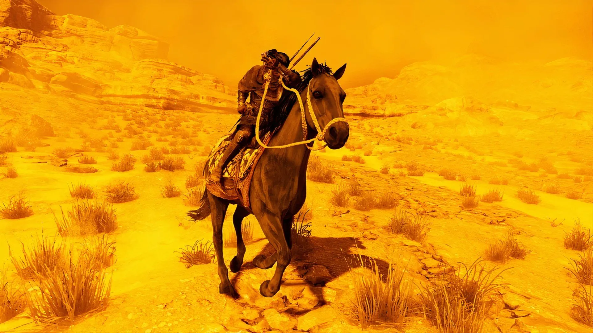 Bayek cưỡi ngựa trong bối cảnh sa mạc Ai Cập của Assassin's Creed Origins