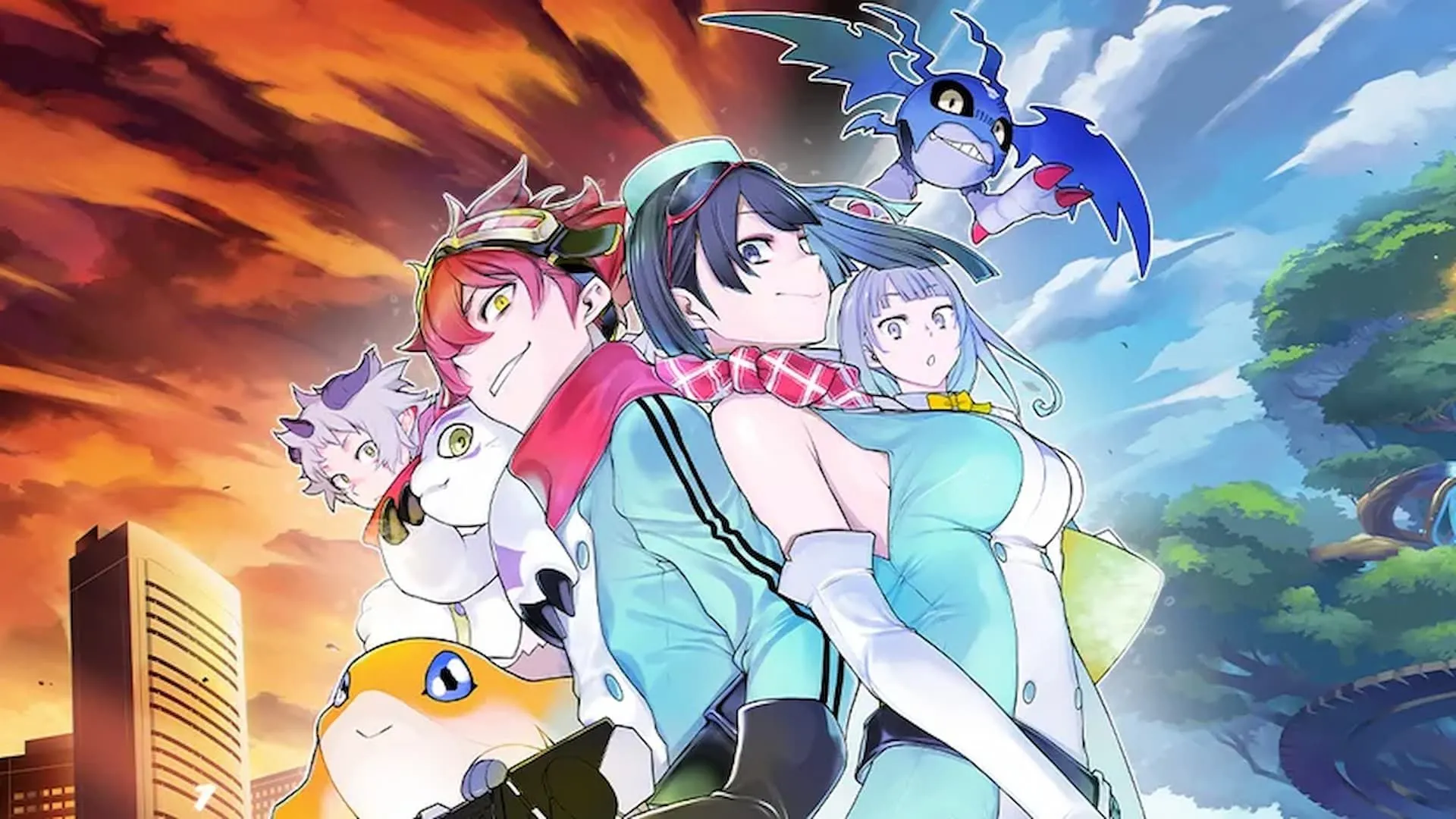 Bìa Digimon Story Time Stranger với các nhân vật chính và phong cách nghệ thuật đặc trưng