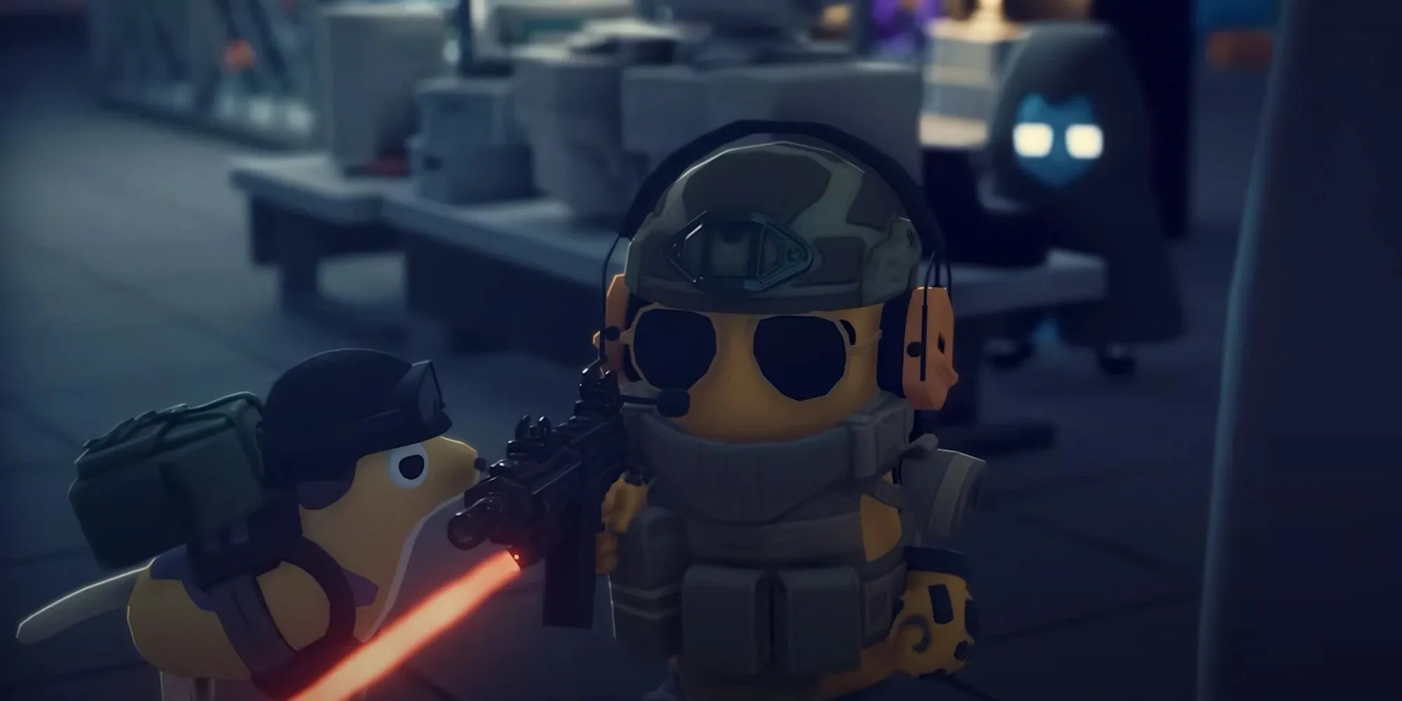 Bìa Escape From Duckov với vịt trang bị vũ khí, minh họa phong cách looter-shooter