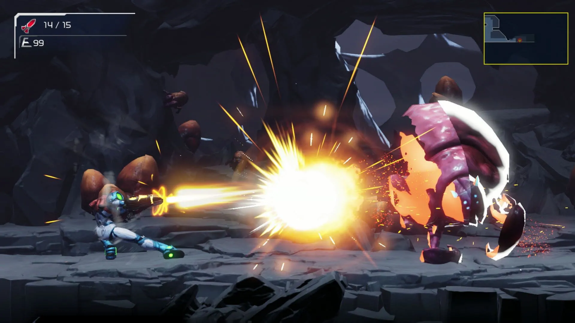 Bìa Metroid Dread trên Nintendo Switch, Samus Aran trong tư thế chiến đấu