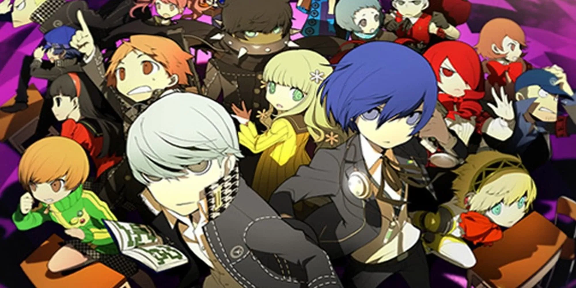 Bìa Persona Q: Shadow of the Labyrinth với hai đội điều tra