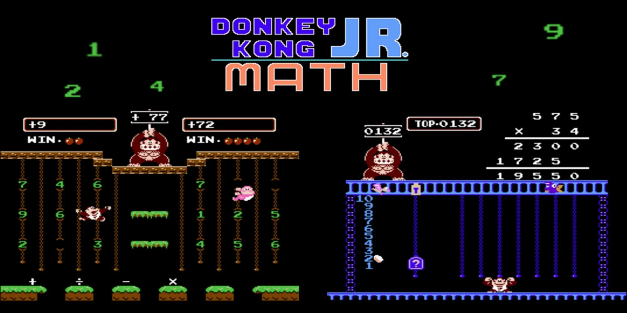 Bìa quảng bá Donkey Kong Jr. Math trên NES, hình ảnh promo thể hiện Donkey Kong Jr. trong bối cảnh trò chơi giáo dục trên hệ NES