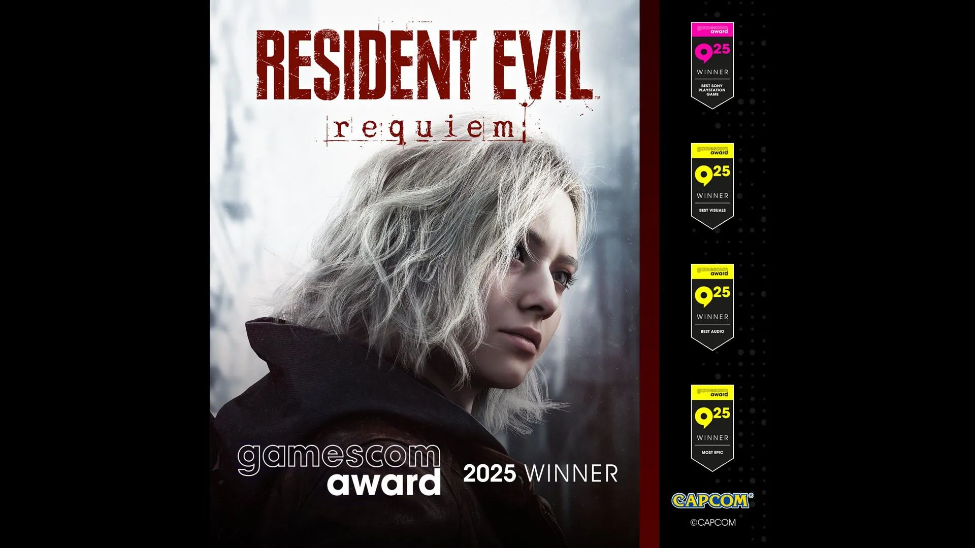 Bìa Resident Evil Requiem—Ảnh công bố giải thưởng Gamescom 2025, nhấn mạnh đồ họa và âm thanh