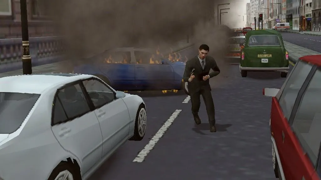 Bìa và cảnh trong The Getaway với không khí tội phạm Anh quốc và đua xe truy đuổi