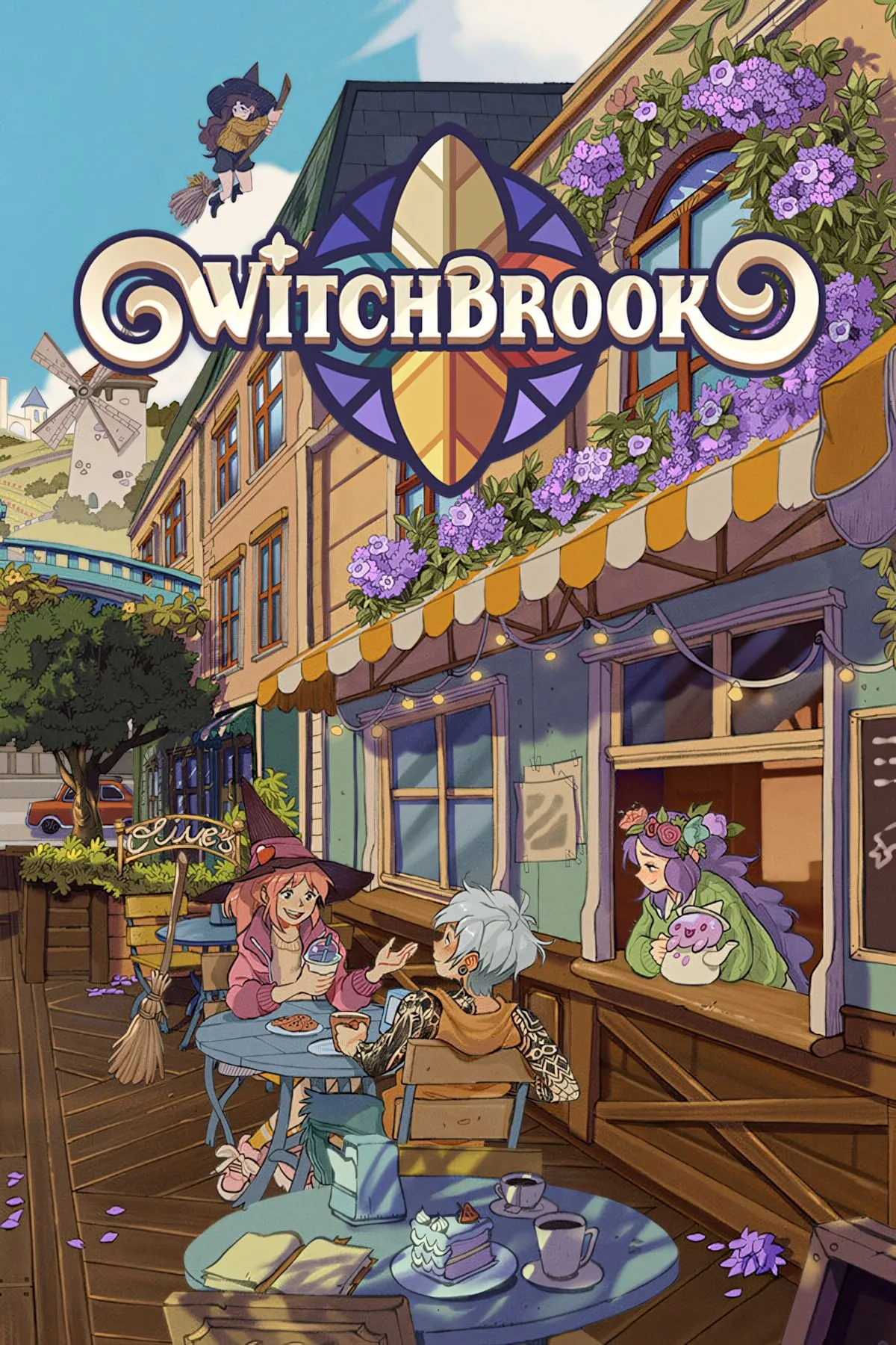Bìa Witchbrook kèm bản đồ Mossport — minh họa các khu vực có thể chơi trong game