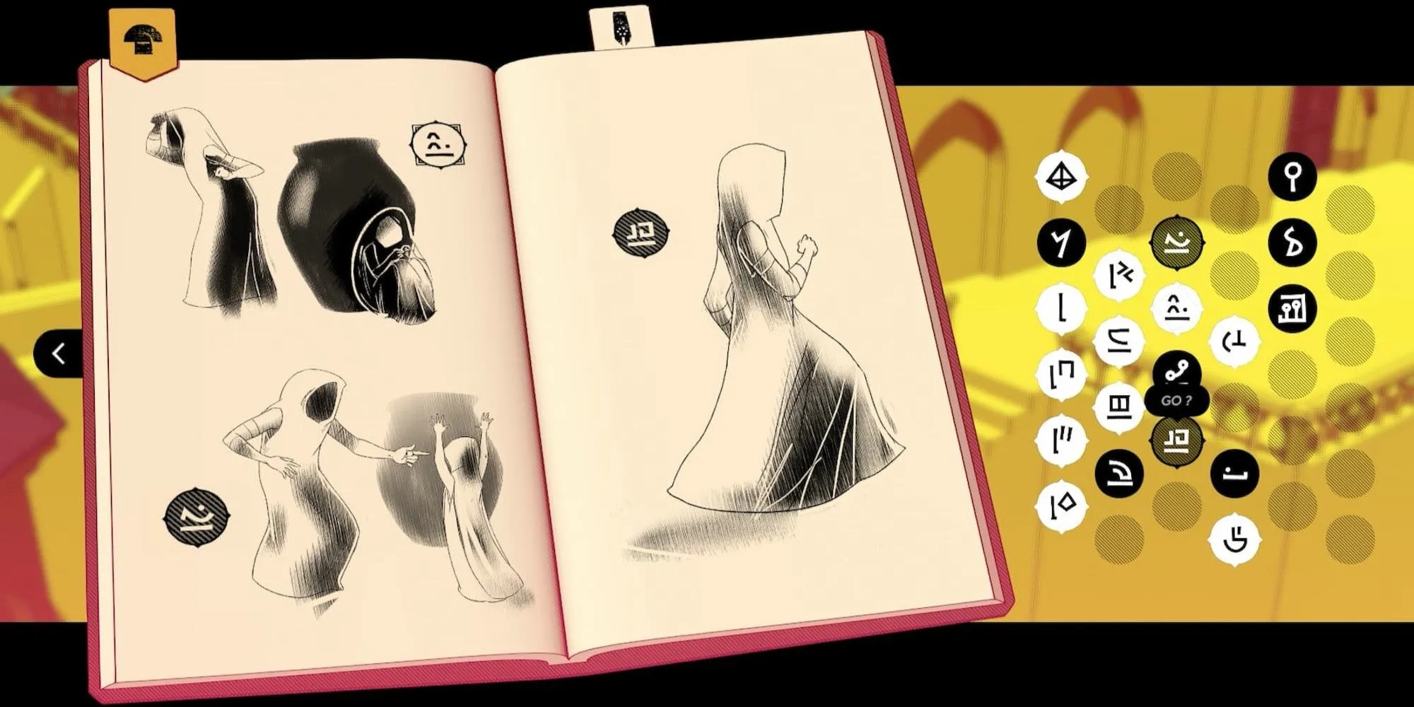 Biểu tượng trong sách ở Chants of Sennaar, minh họa công tác giải mã ký hiệu và ngôn ngữ