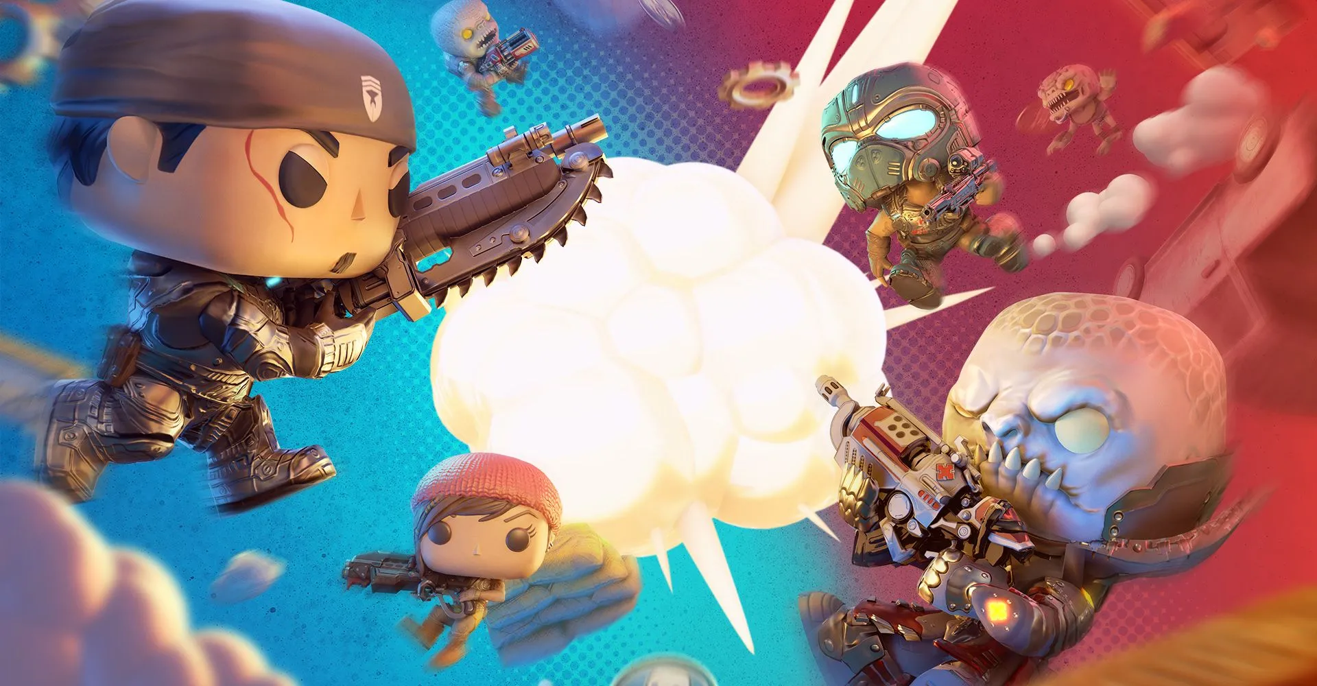 Biểu tượng và nhân vật Funko Pop của Gears Pop trên nền giao diện game