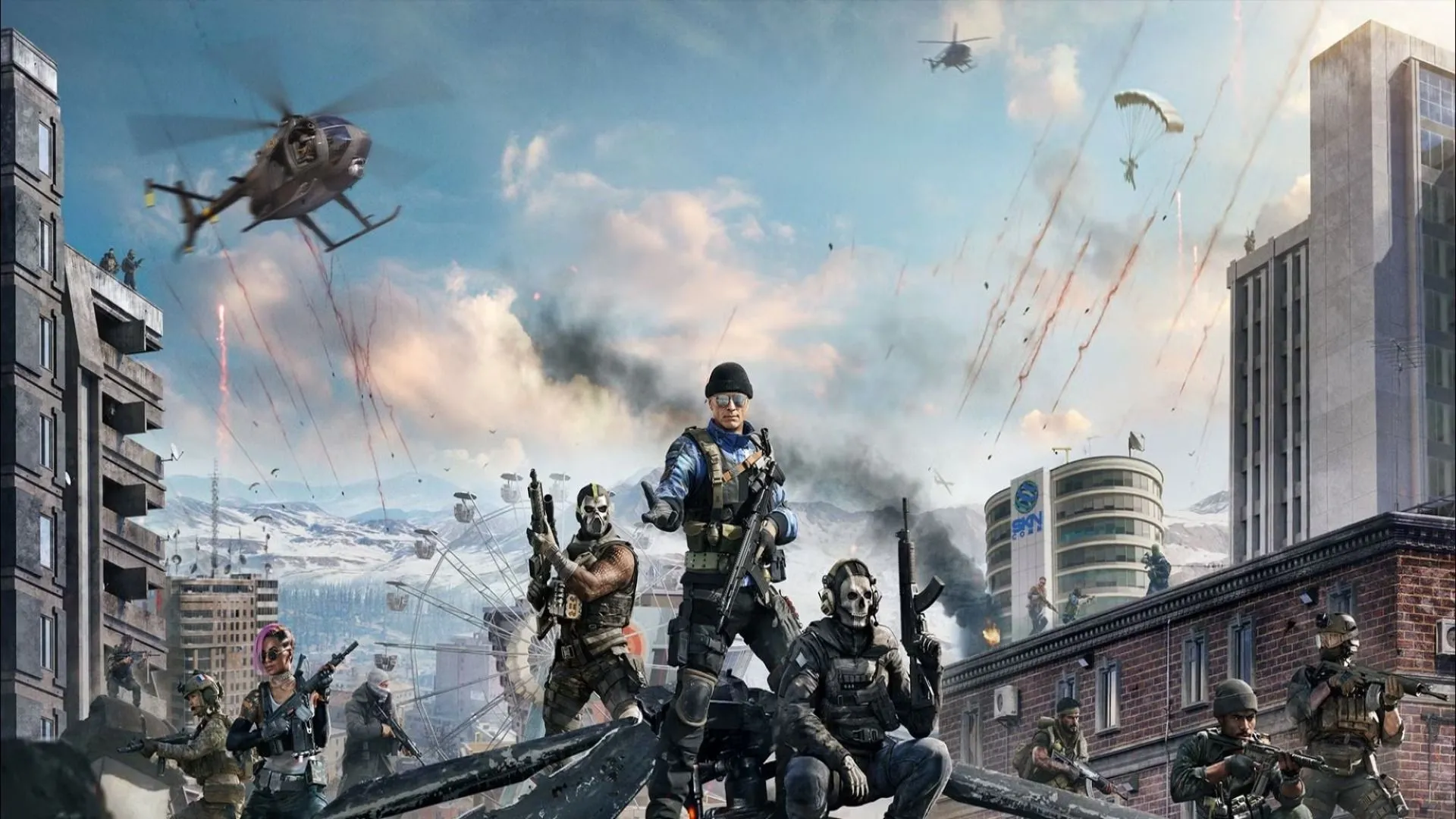 Binh sĩ trong Call of Duty Warzone giữa thị trấn đang chịu pháo kích, đại diện cho trải nghiệm bắn súng trường quy mô lớn