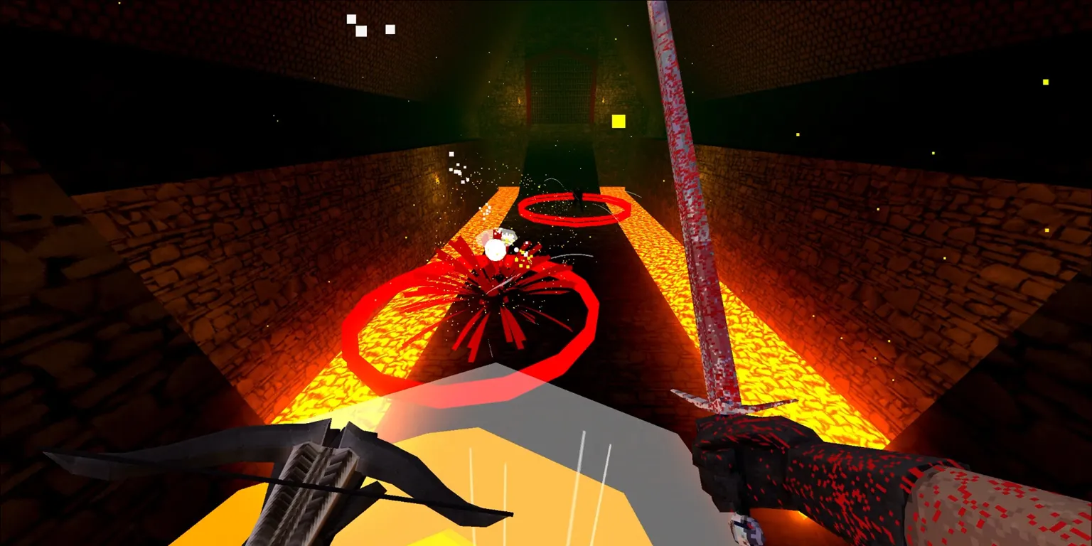 Bloodthief — cảnh đấu kiếm góc nhìn thứ nhất, thể hiện momentum và verticality trong map