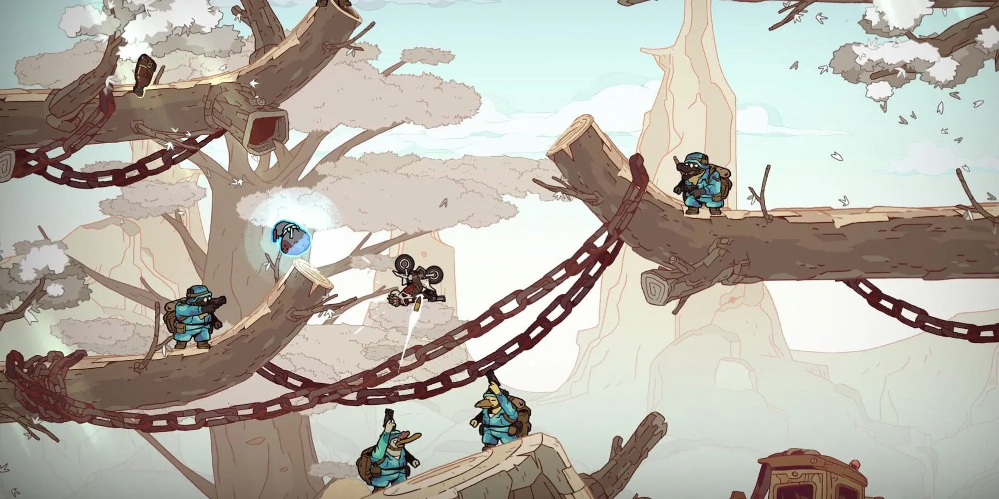 Bối cảnh bắn kẻ thù khi lộn ngược trên xe máy trong Laika: Aged Through Blood — Metroidvania hành động với cơ chế phương tiện