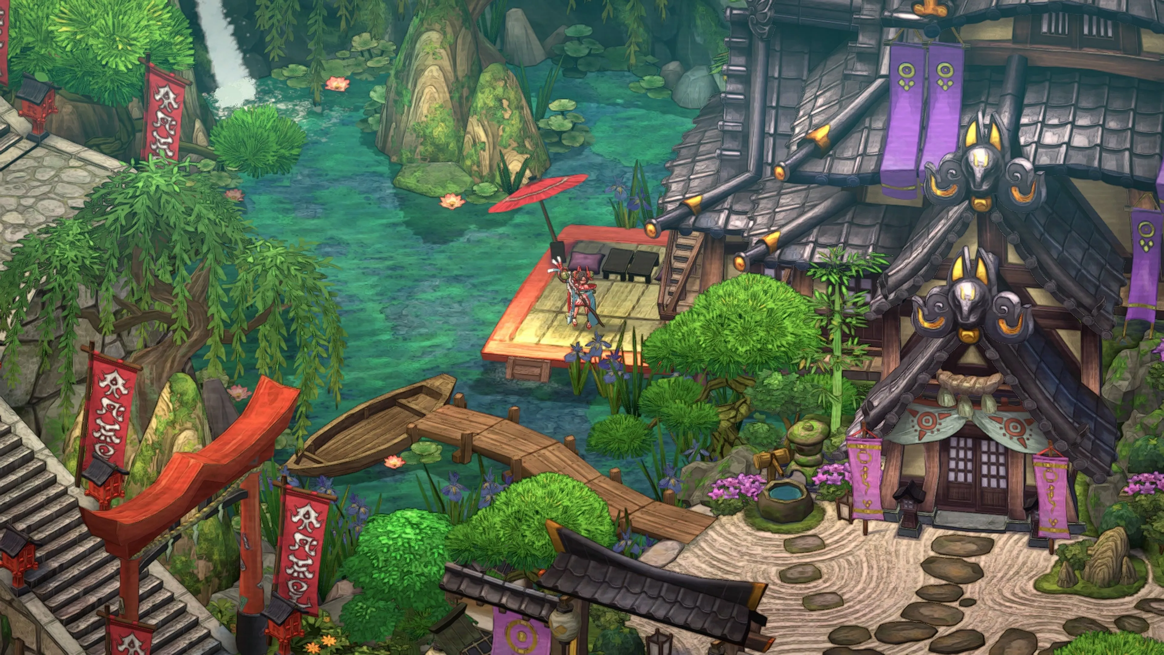 Bối cảnh làng hub và NPC trong Towa với phong cách nghệ thuật JRPG