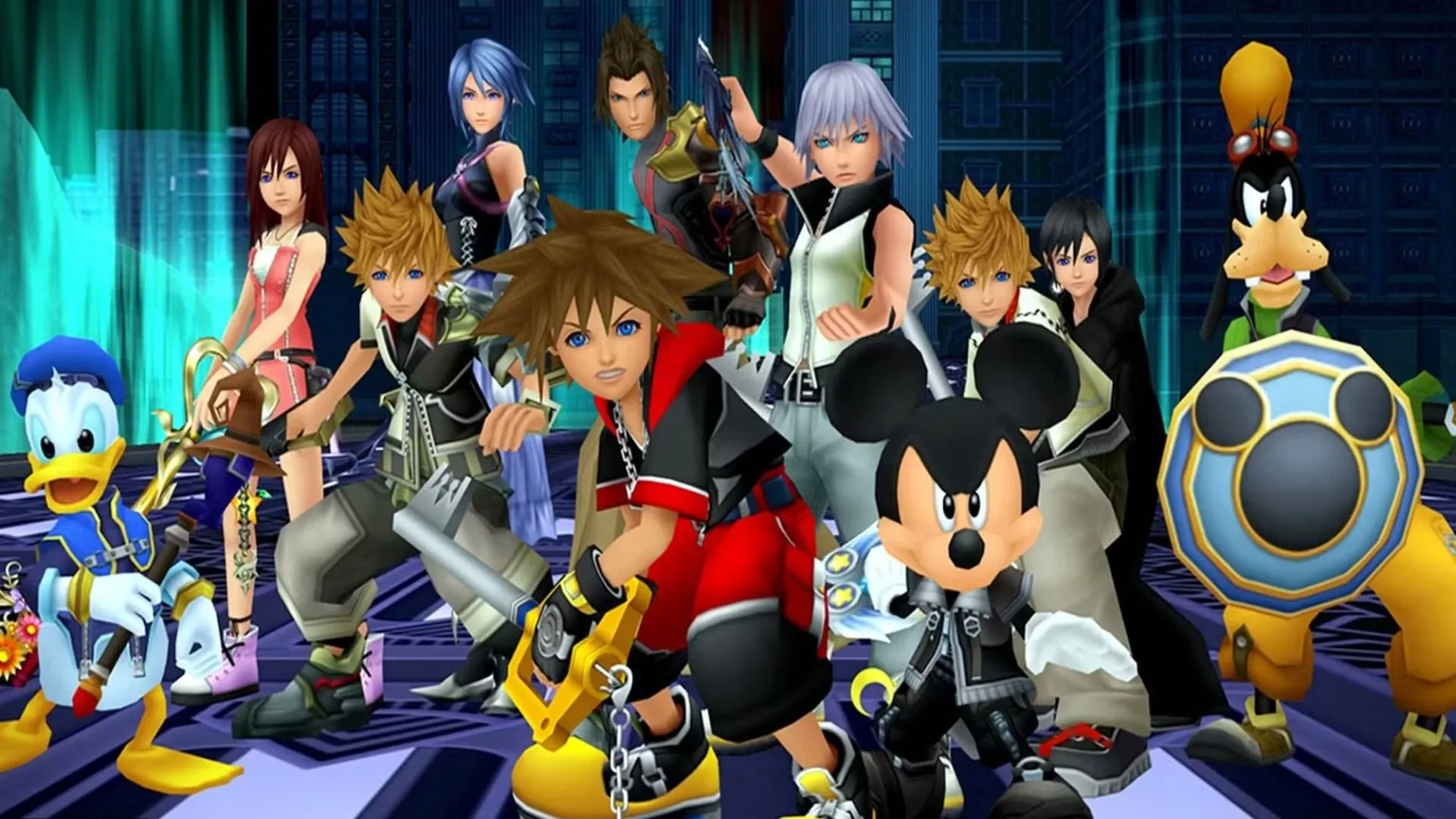 Các nhân vật Kingdom Hearts tạo dáng cùng nhau, biểu tượng hợp lưu thế giới Disney và Final Fantasy