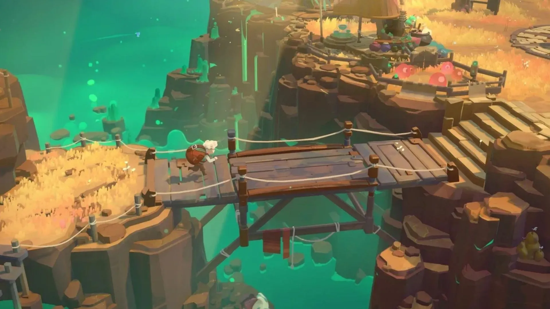 Cảnh cầu đi bộ trong Moonlighter 2: The Endless Vault, thể hiện phong cách nghệ thuật và không gian khám phá ngầm.