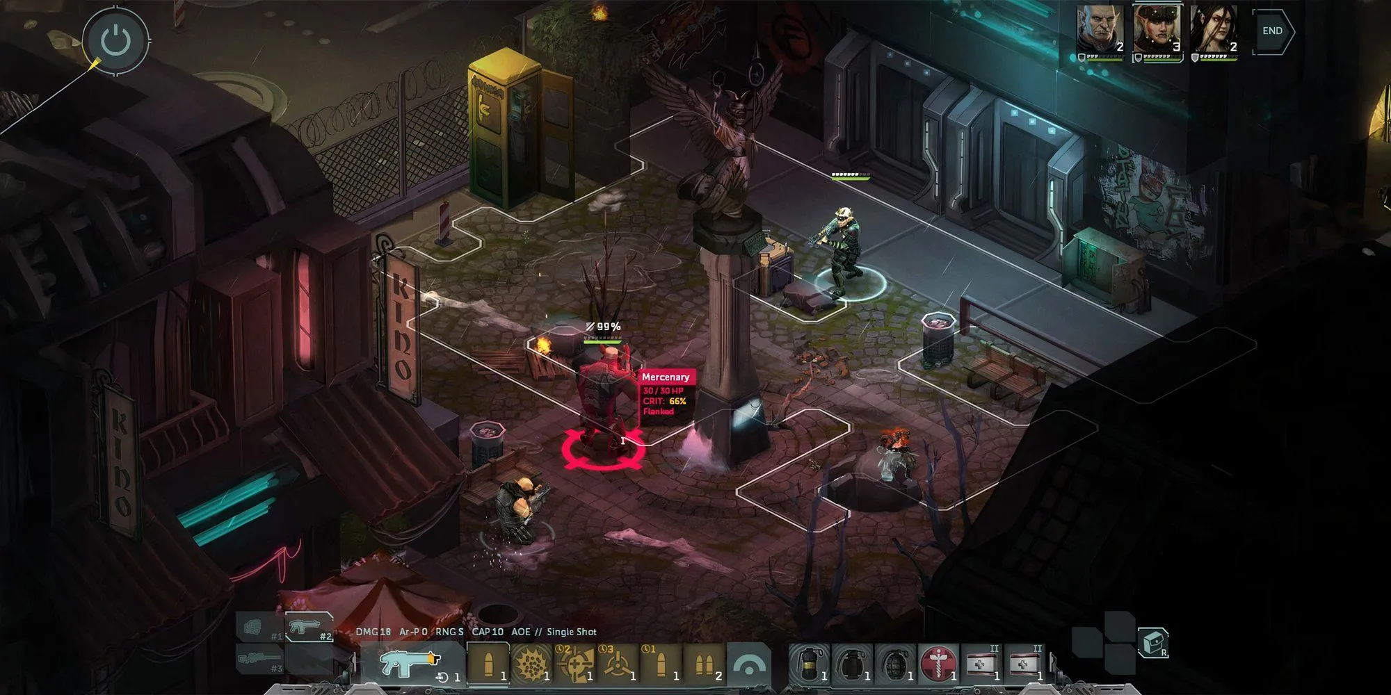 Cảnh chiến đấu của Shadowrun: Dragonfall, thể hiện tương tác party trong combat và bối cảnh cyberpunk