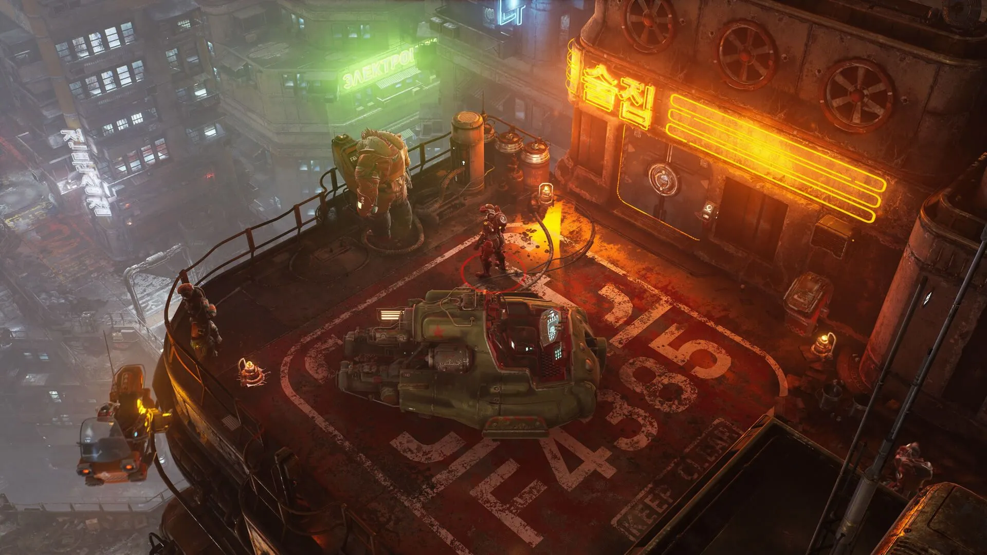 Cảnh chiến đấu nhìn từ trên trong The Ascent, nền đô thị cyberpunk với ánh đèn neon