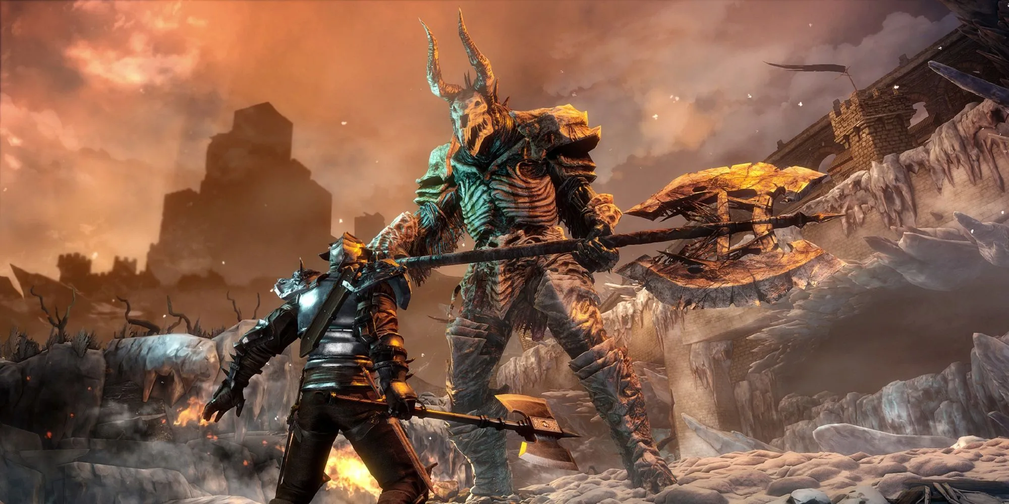 Cảnh chiến đấu trong Bound by Flame, thể hiện tạo hình nhân vật và phong cách nghệ thuật của game