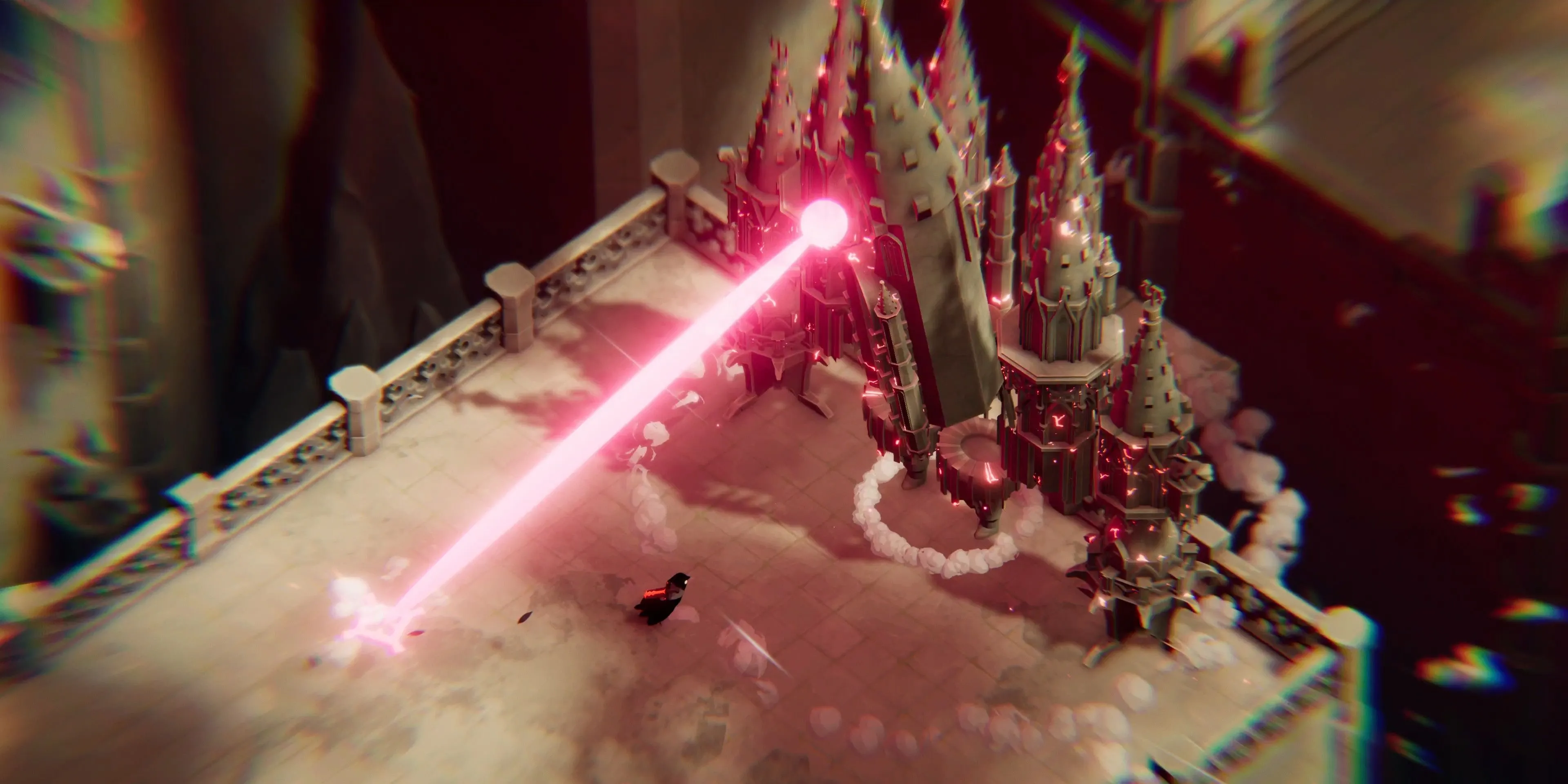 Cảnh chiến đấu trong Death's Door với tia laze, minh họa kẻ địch đa dạng và cơ chế tấn công