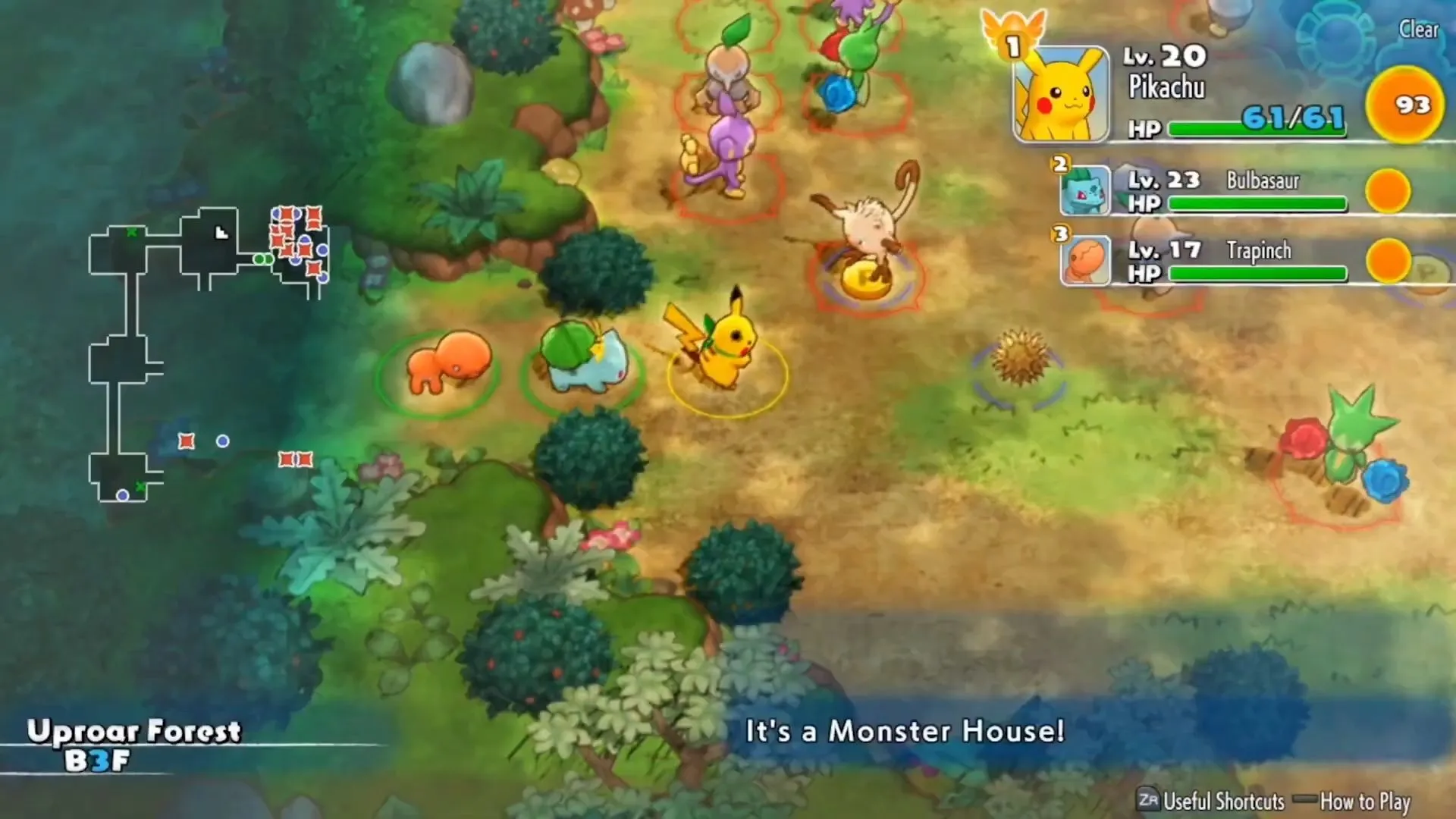 Cảnh chiến đấu trong Pokémon Mystery Dungeon: Rescue Team DX, mô tả giao diện chiến đấu theo lượt và phong cách họa sĩ đặc trưng của bản remake