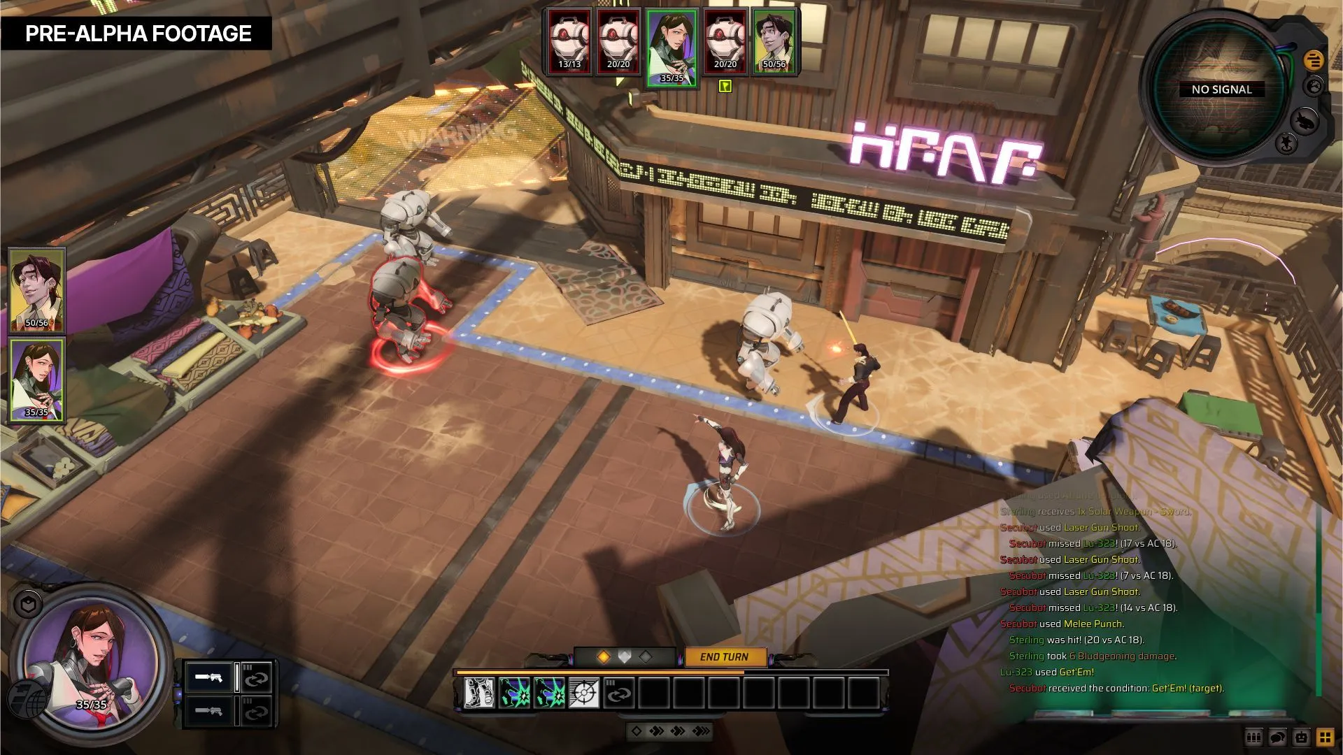 Cảnh chiến đấu trong Starfinder: Afterlight thể hiện giao diện lượt, vị trí nhân vật và môi trường chiến trường ngoài hành tinh