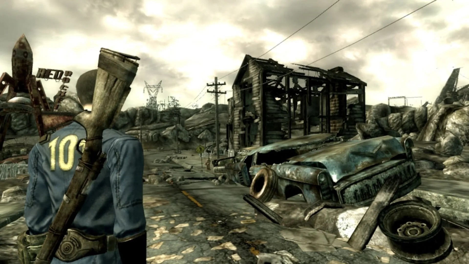 Cảnh chơi Fallout 3 với tông màu hậu tận thế và kiến trúc đổ nát của Wasteland