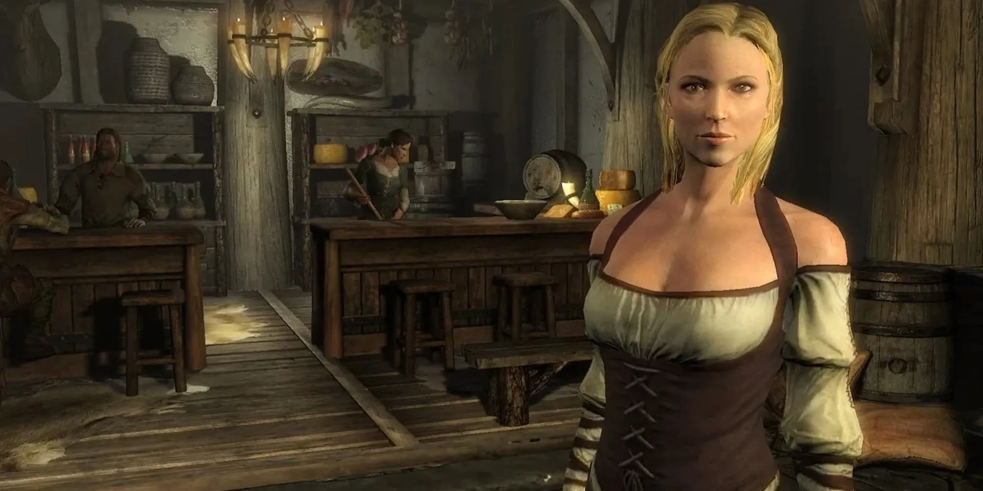 Cảnh cửa hàng ở Skyrim, minh họa thế giới Tamriel và nhân vật Dragonborn được tôn vinh