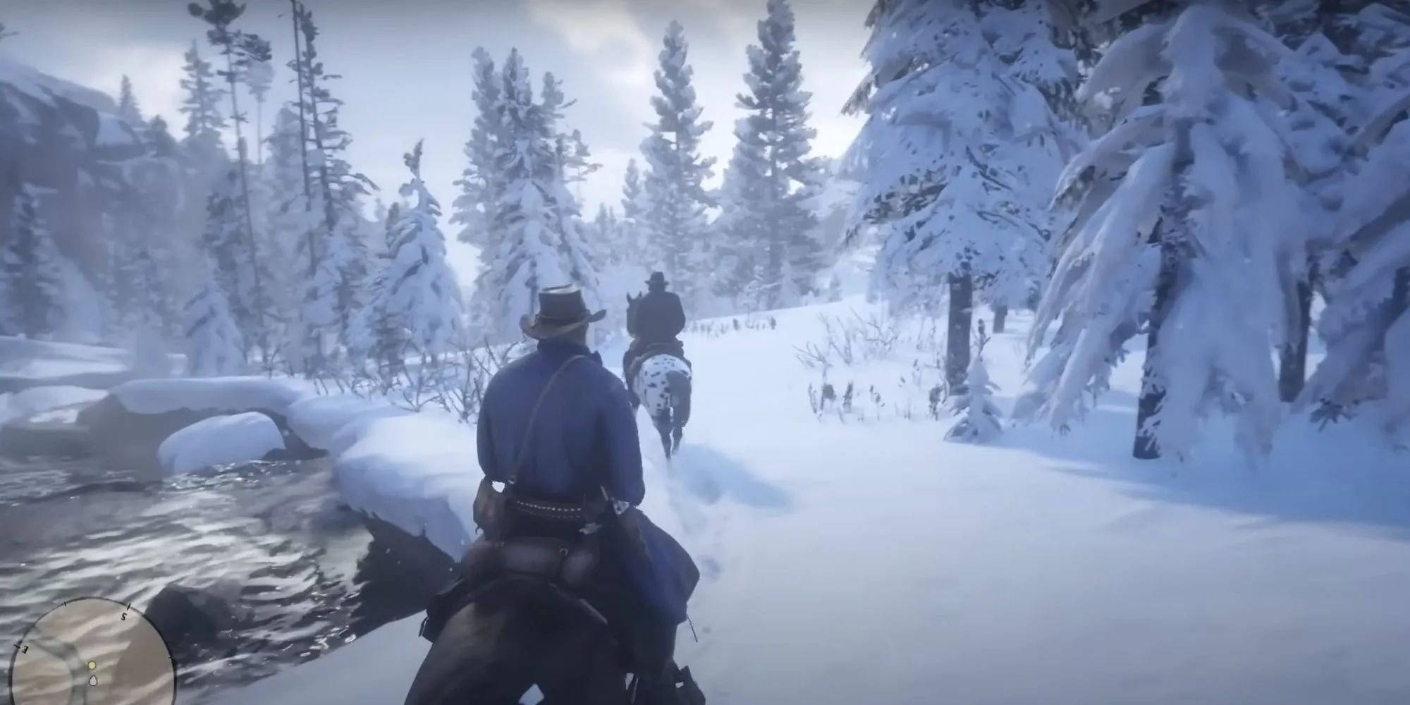 Cảnh cưỡi ngựa qua vùng tuyết trong Red Dead Redemption 2, minh họa tính nhập vai cao khi chuyển đổi góc nhìn