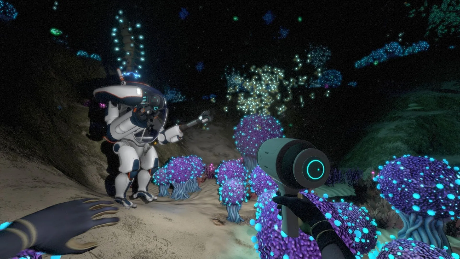 Cảnh đại dương sâu trong Subnautica, minh họa verticality theo chiều sâu và sinh vật biển lớn