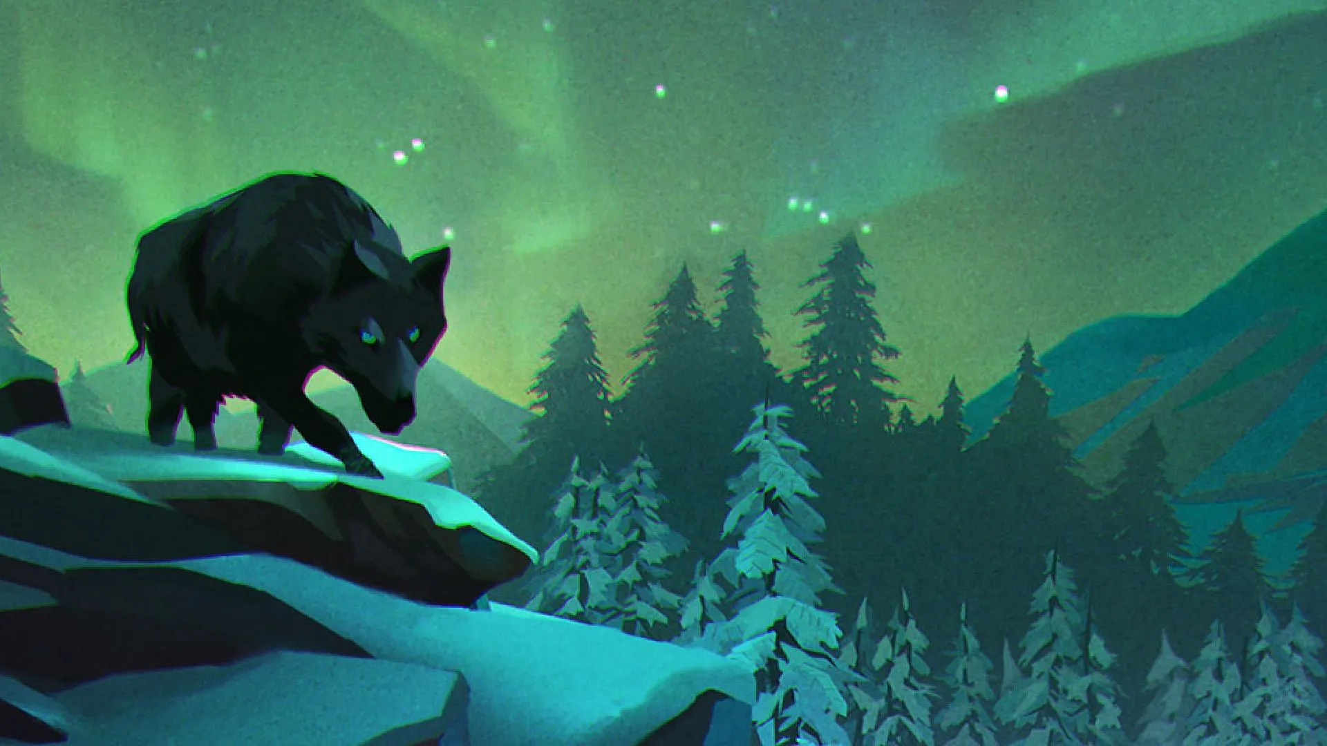 Cảnh đêm băng giá trong The Long Dark với cực quang, làm nổi bật cảm giác cô lập và rủi ro thời tiết