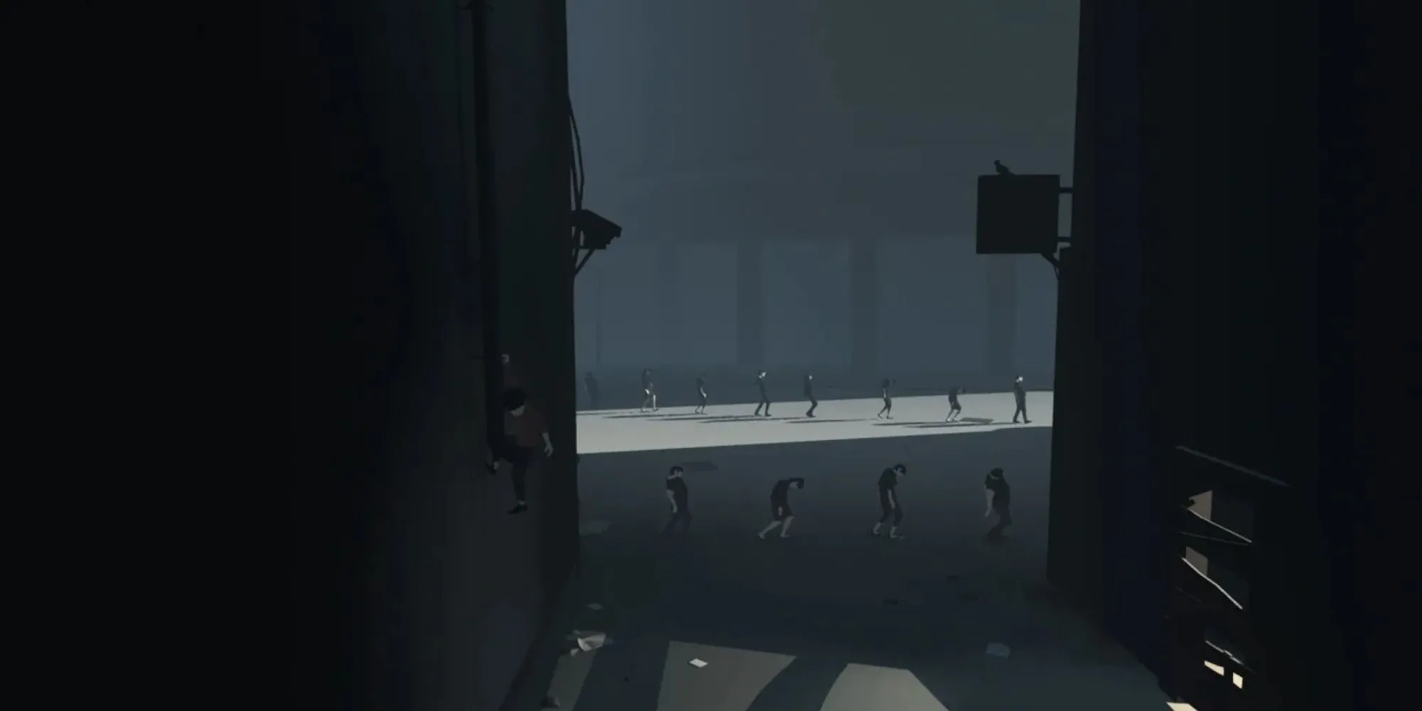 Cảnh đen trắng u ám trong INSIDE thể hiện áp lực môi trường